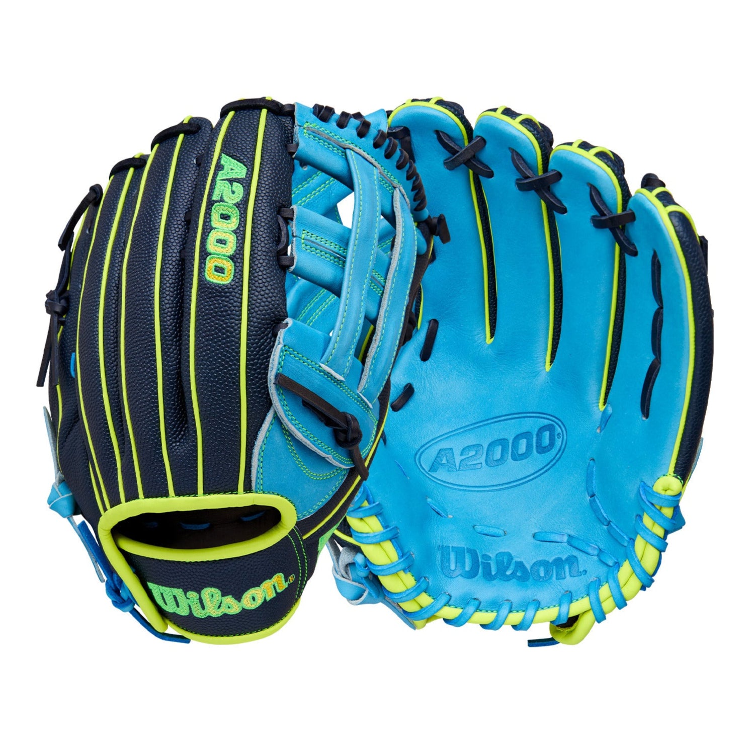 Wilson 2025 A2000 PF50SS 12.25” Outfield Glove front and back view with Sky Blue leather and Navy SuperSkin.