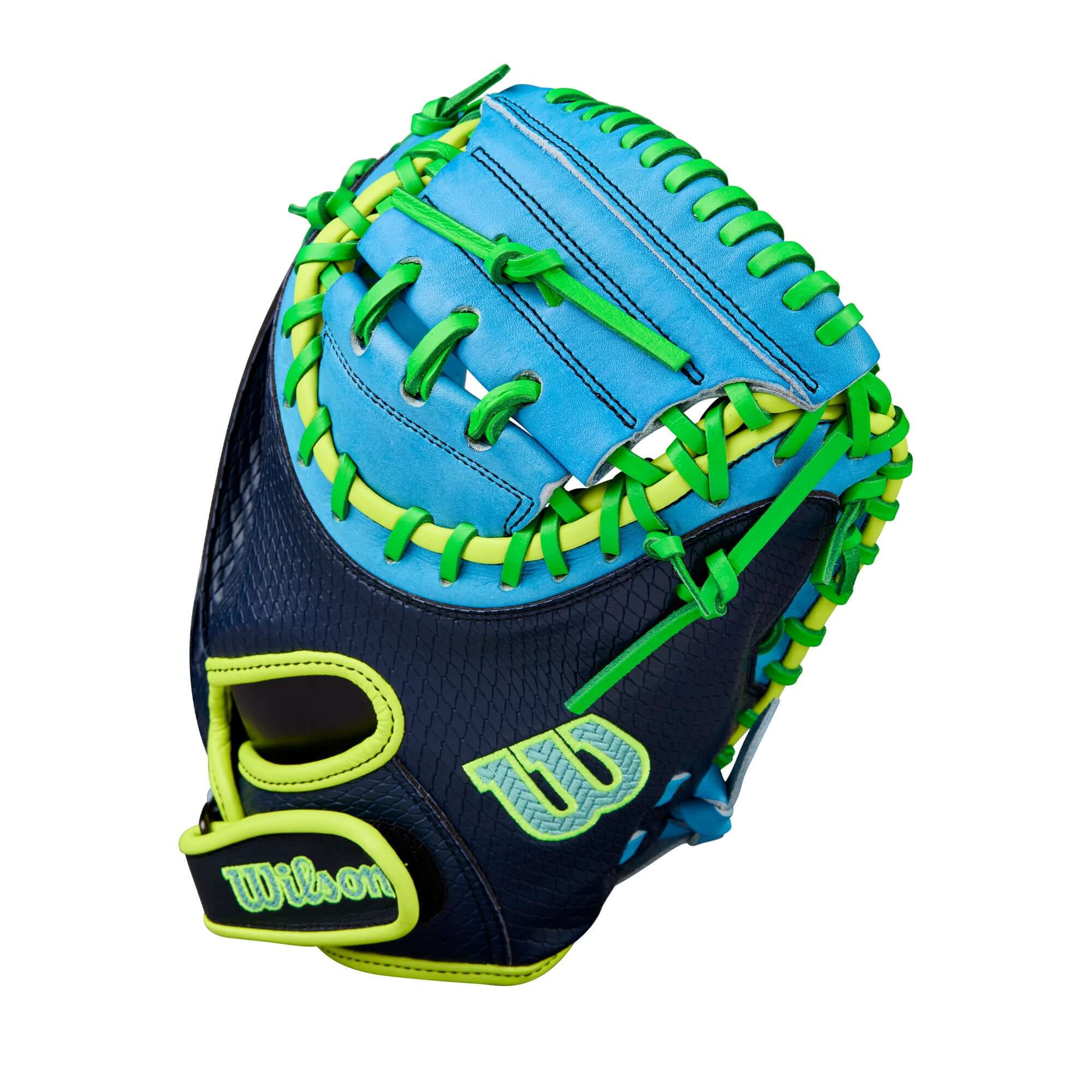 Wilson 2025 A2000 PF33SS 33” Catcher’s Mitt thumb detail with adjustable wrist opening.