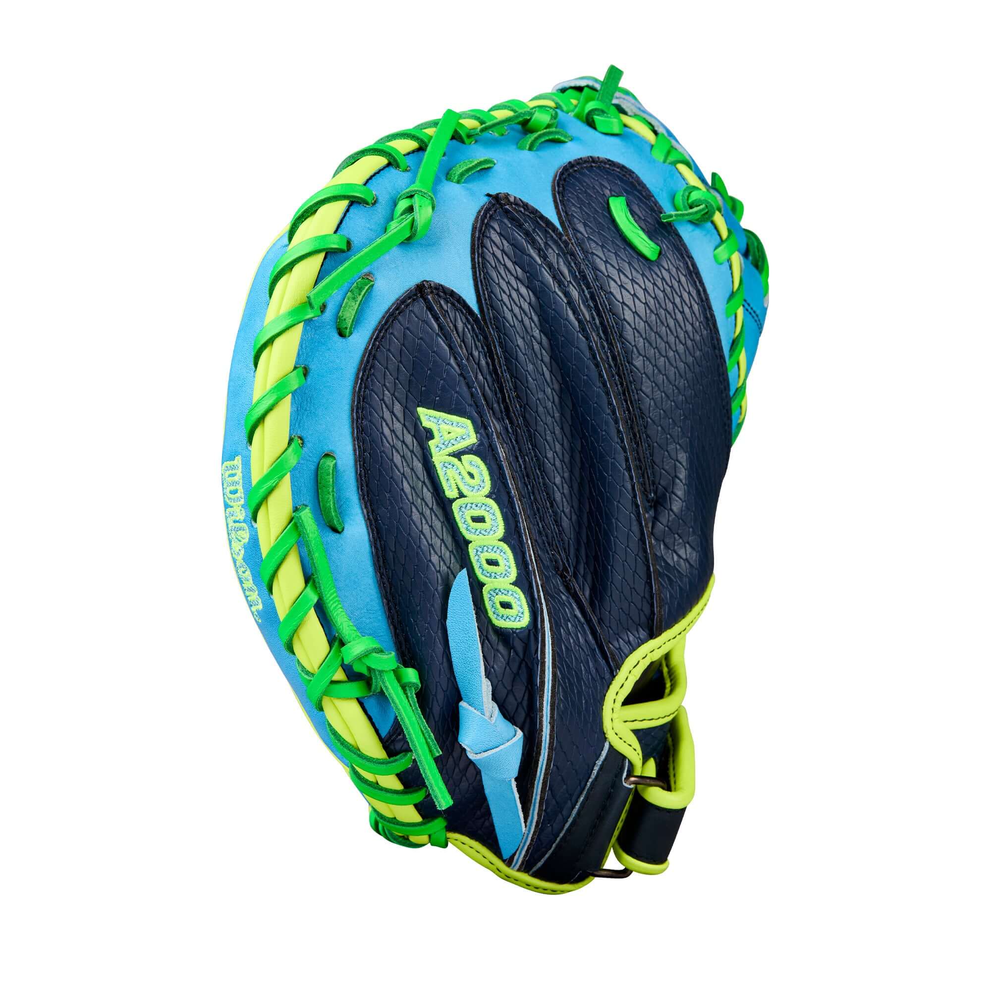 Wilson 2025 A2000 PF33SS 33” Catcher’s Mitt finger detail with Pedroia Fit shorter stalls.