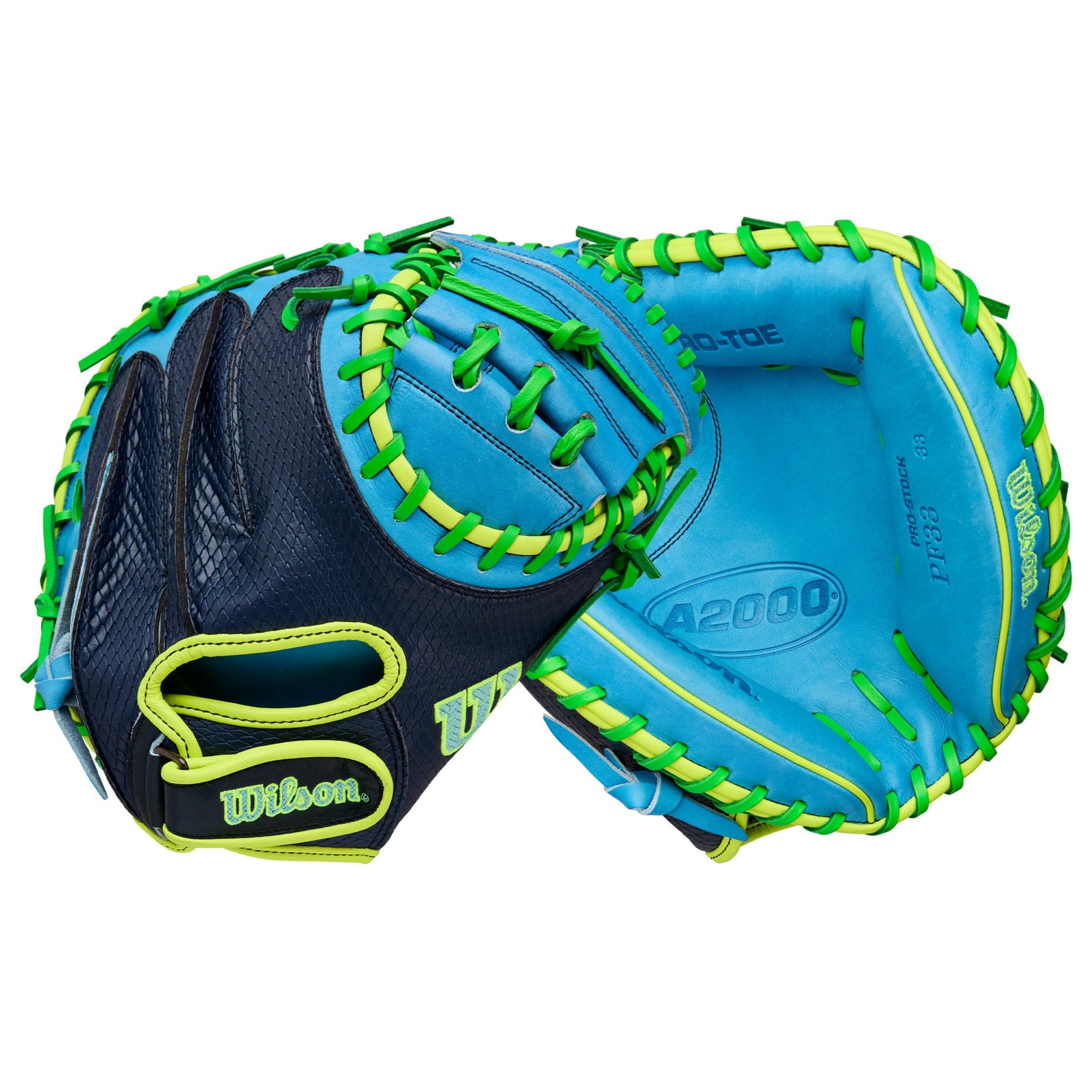 Wilson 2025 A2000 PF33SS 33” Catcher’s Mitt front and back view with Sky Blue leather and Navy SuperSnakeSkin.