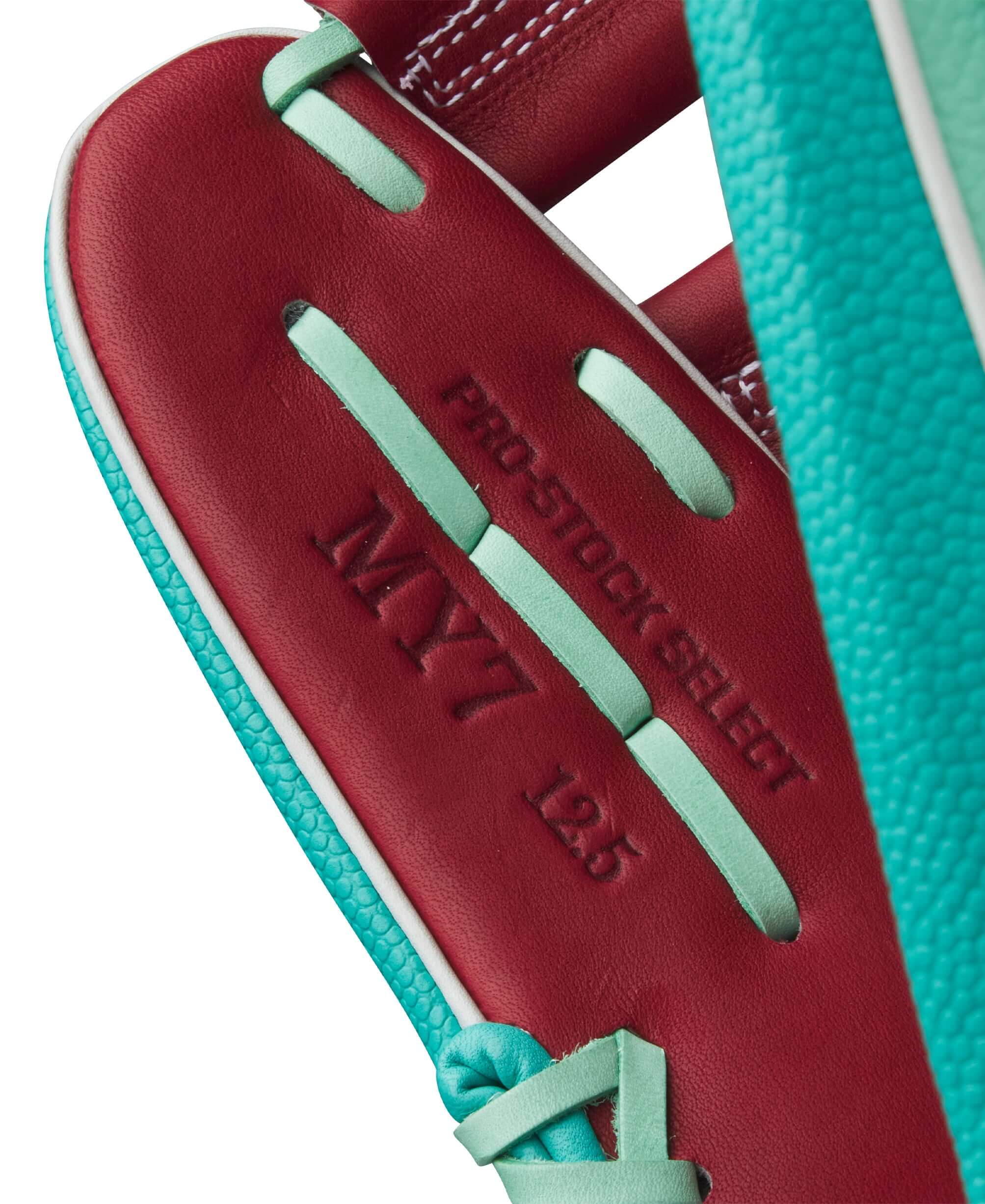 Wilson A2K MY7SS 12.5” Outfield Glove thumb front view with laces and stitching.