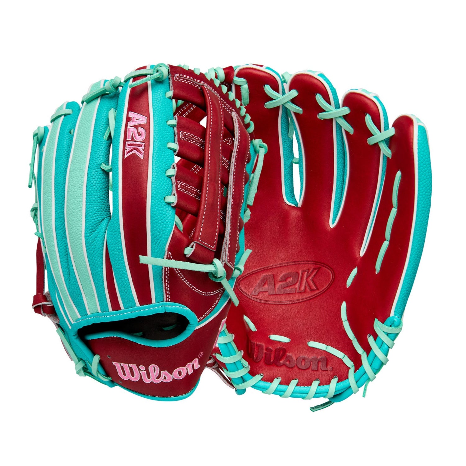 Wilson A2K MY7SS 12.5” Outfield Glove Fall 2025 front and back views in Seafoam, Teal, and Brick Red.