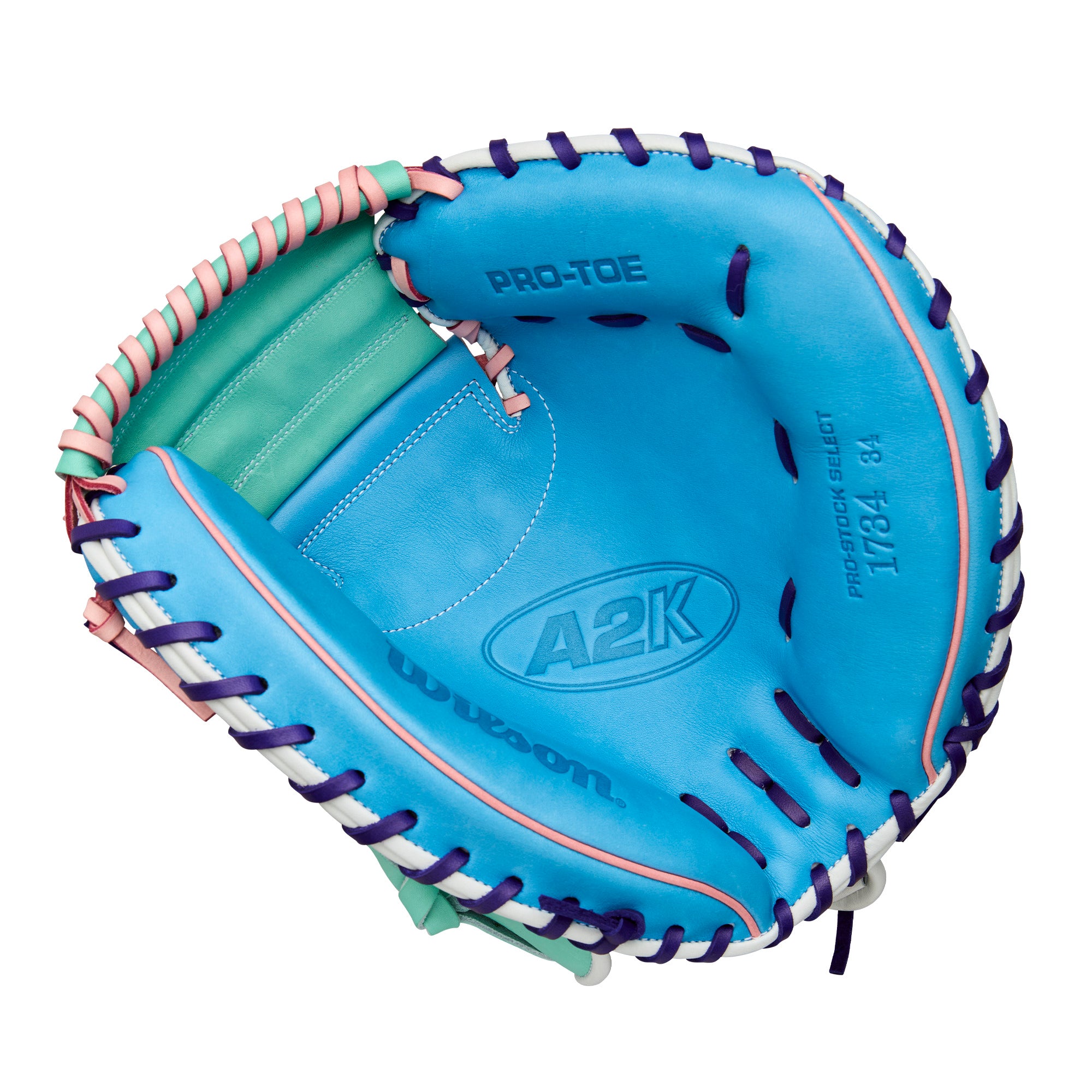 Wilson 2025 A2K 1734 34” Catcher’s Mitt palm view with Sky Blue Pro Stock Select leather.