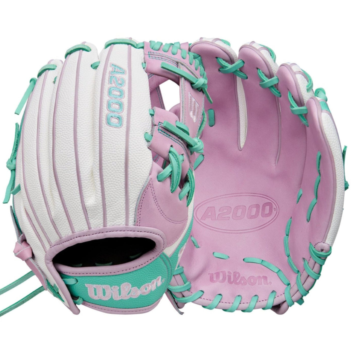 Wilson 2025 A2000 FP1175SS 11.75” Fastpitch Infield Glove front and back view in Lavender, White & Seafoam.