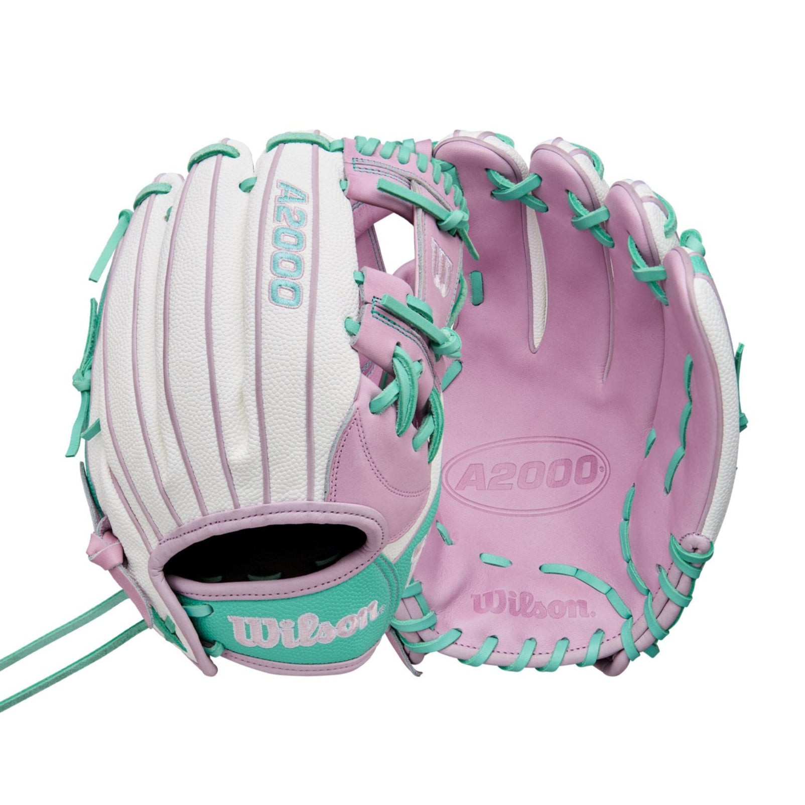 Wilson 2025 A2000 FP1175SS 11.75” Fastpitch Infield Glove front and back view in Lavender, White & Seafoam.