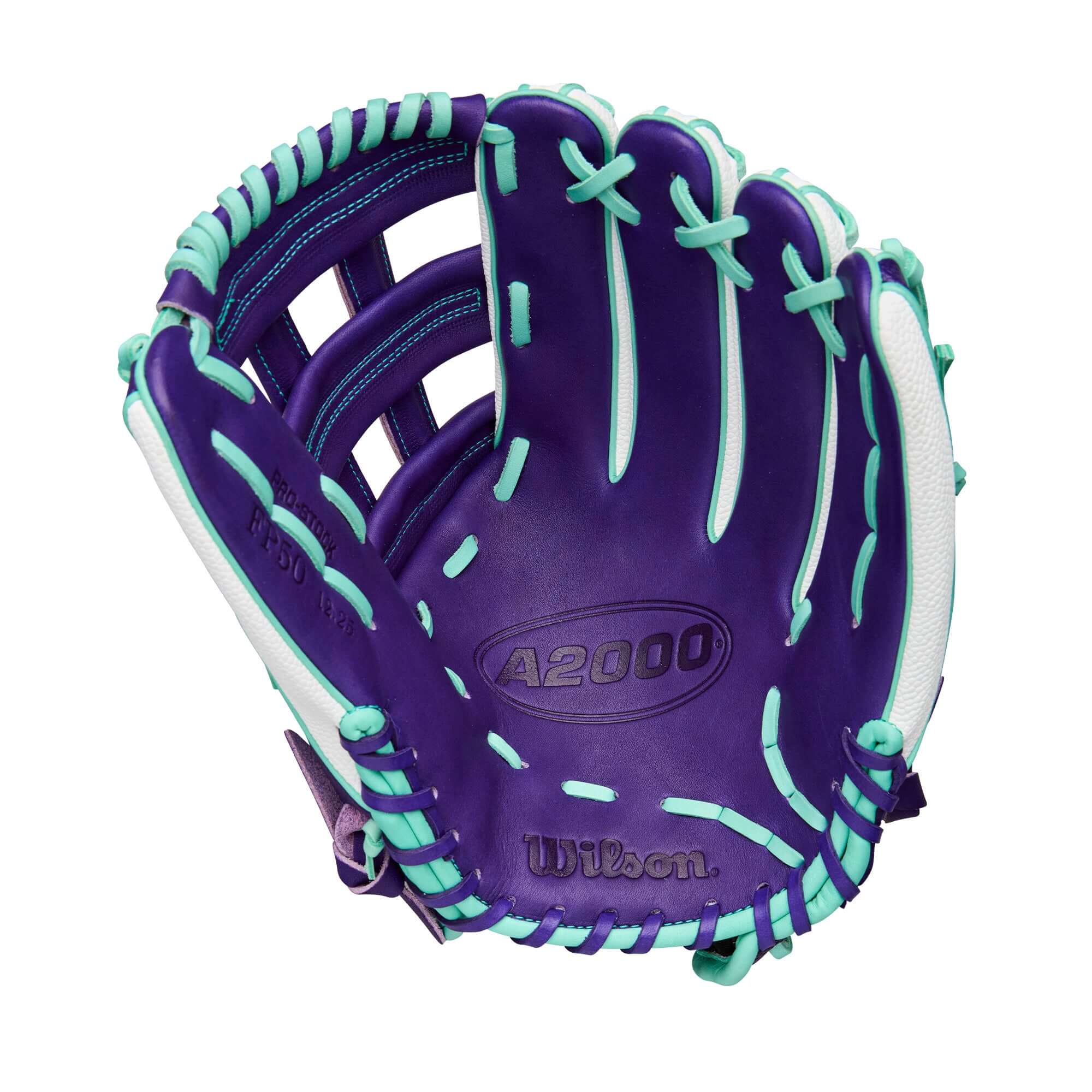 Wilson 2025 A2000 FP50SS 12.25” Fastpitch Outfield Glove LHT palm view with Purple Pro Stock leather.