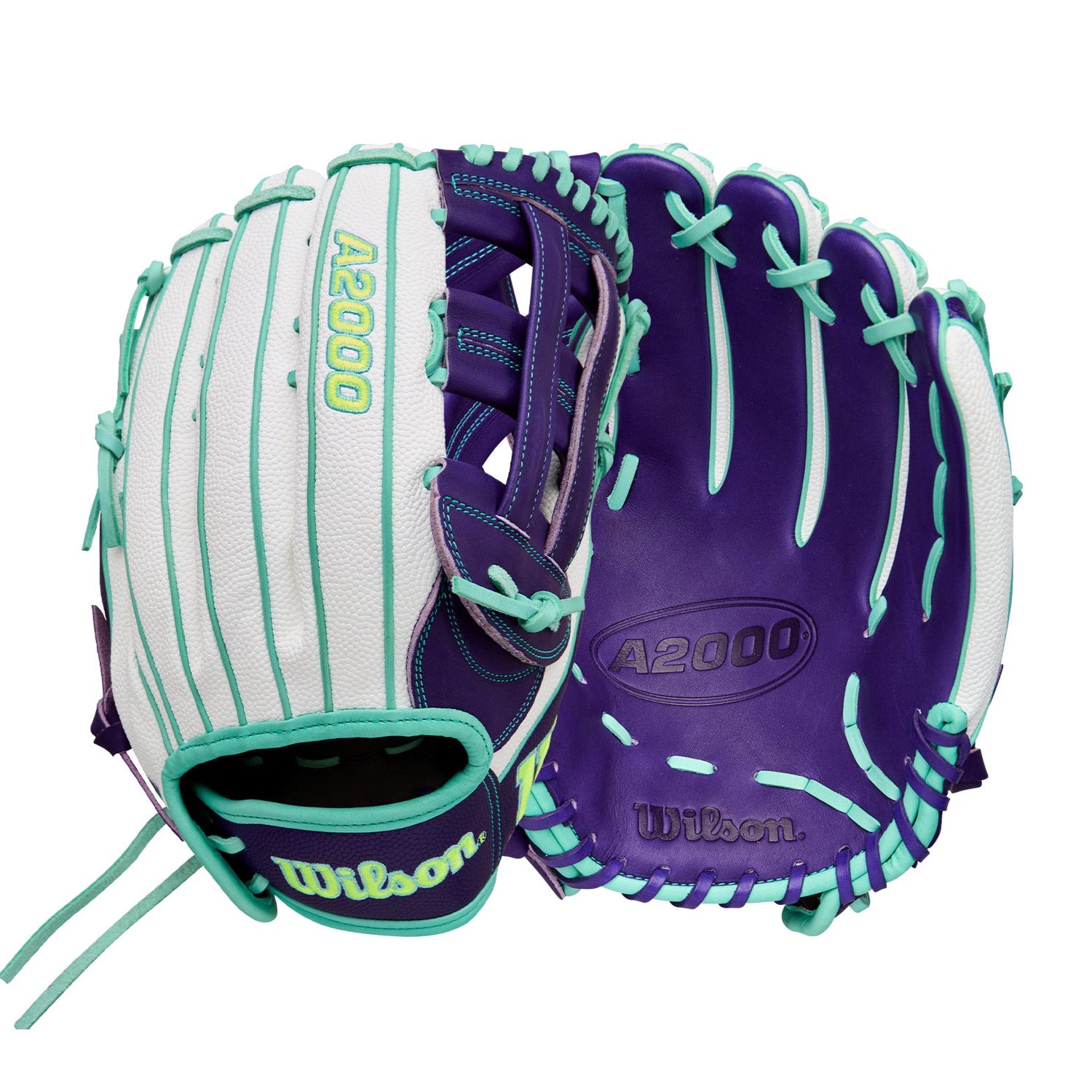 Wilson 2025 A2000 FP50SS 12.25” Fastpitch Outfield Glove LHT front and back view in Purple leather and White SuperSkin.