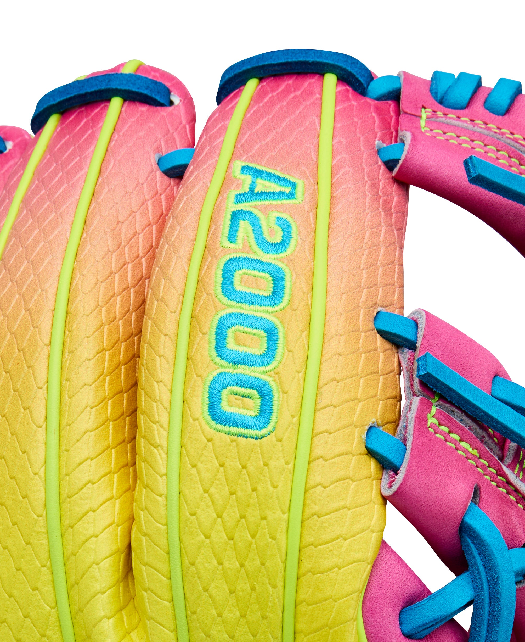 Wilson 2025 A2000 1786SS 11.5” Infield Glove close-up A2000 logo with gradient background.