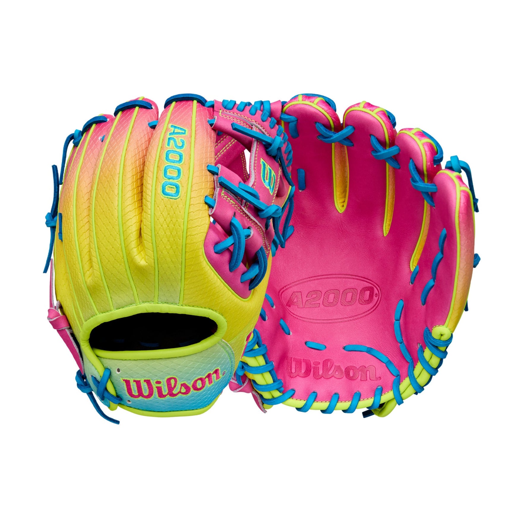 Wilson 2025 A2000 1786SS 11.5” Infield Glove front and back view with Pink Lemonade Gradient SuperSnakeSkin.