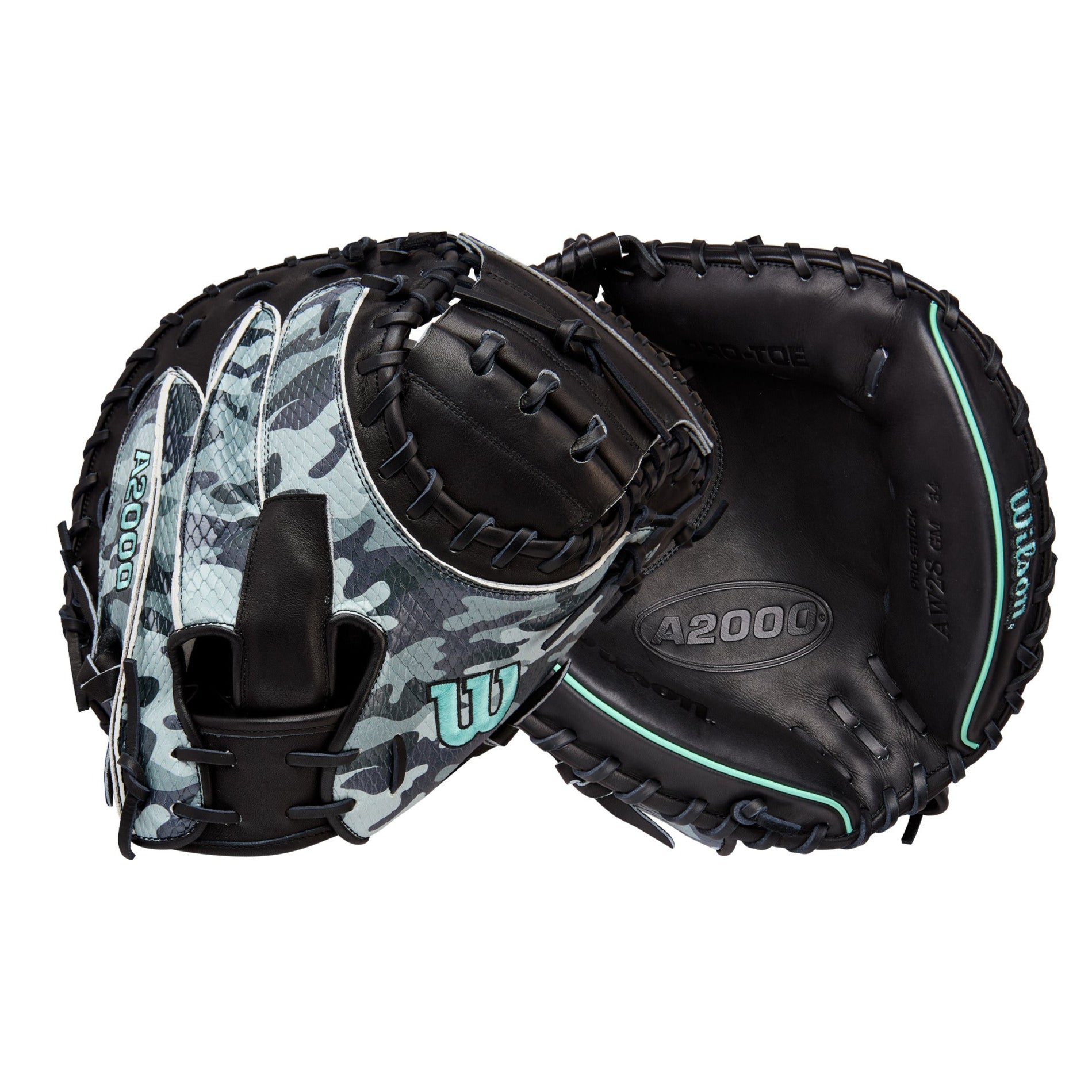 Wilson 2025 Austin Wells A2000 AW28 GM 34” Catcher’s Mitt front and back view in Black leather and camo SuperSnakeSkin.