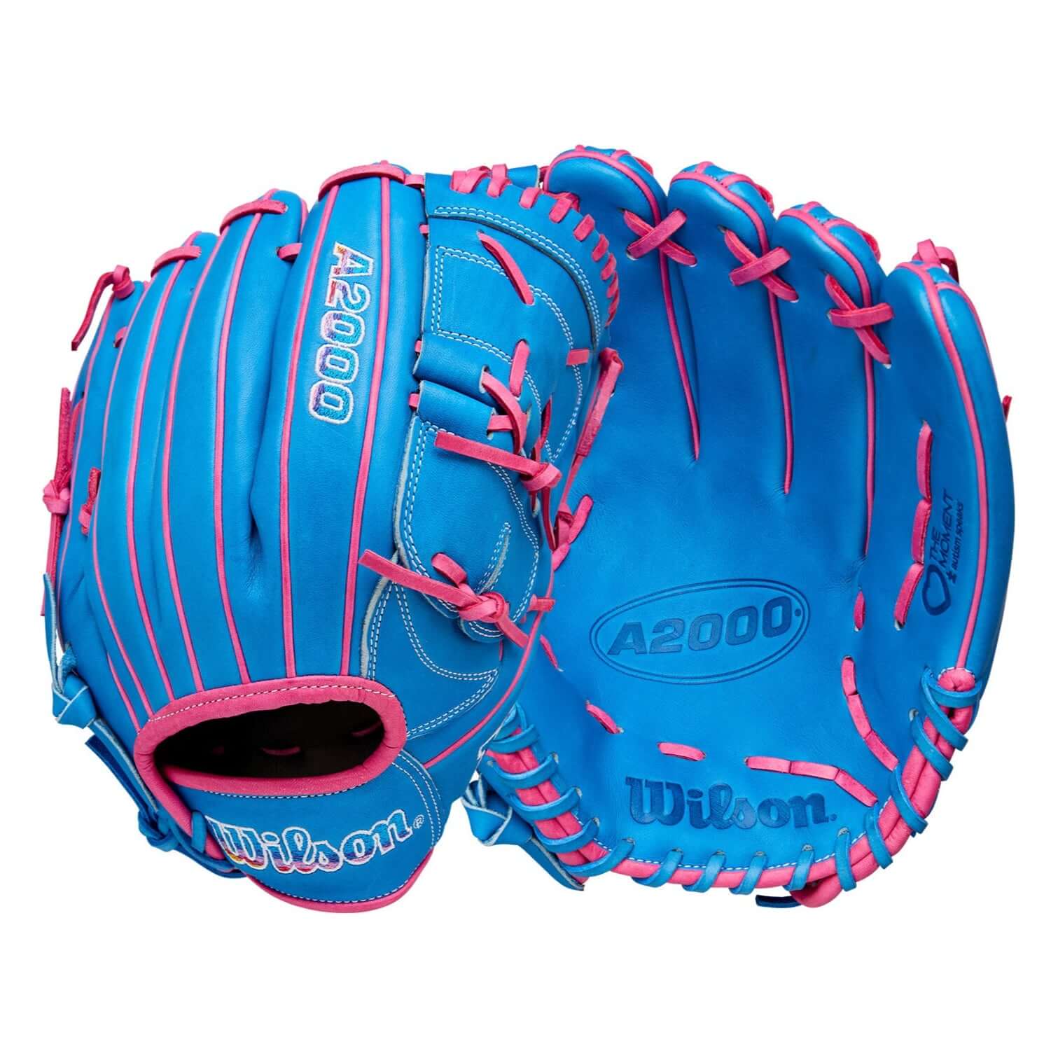 Wilson A2000 B2 pitcher’s baseball glove in Autism Speaks Blue and Flamingo Pink, 12 inches, for focused play on the mound.