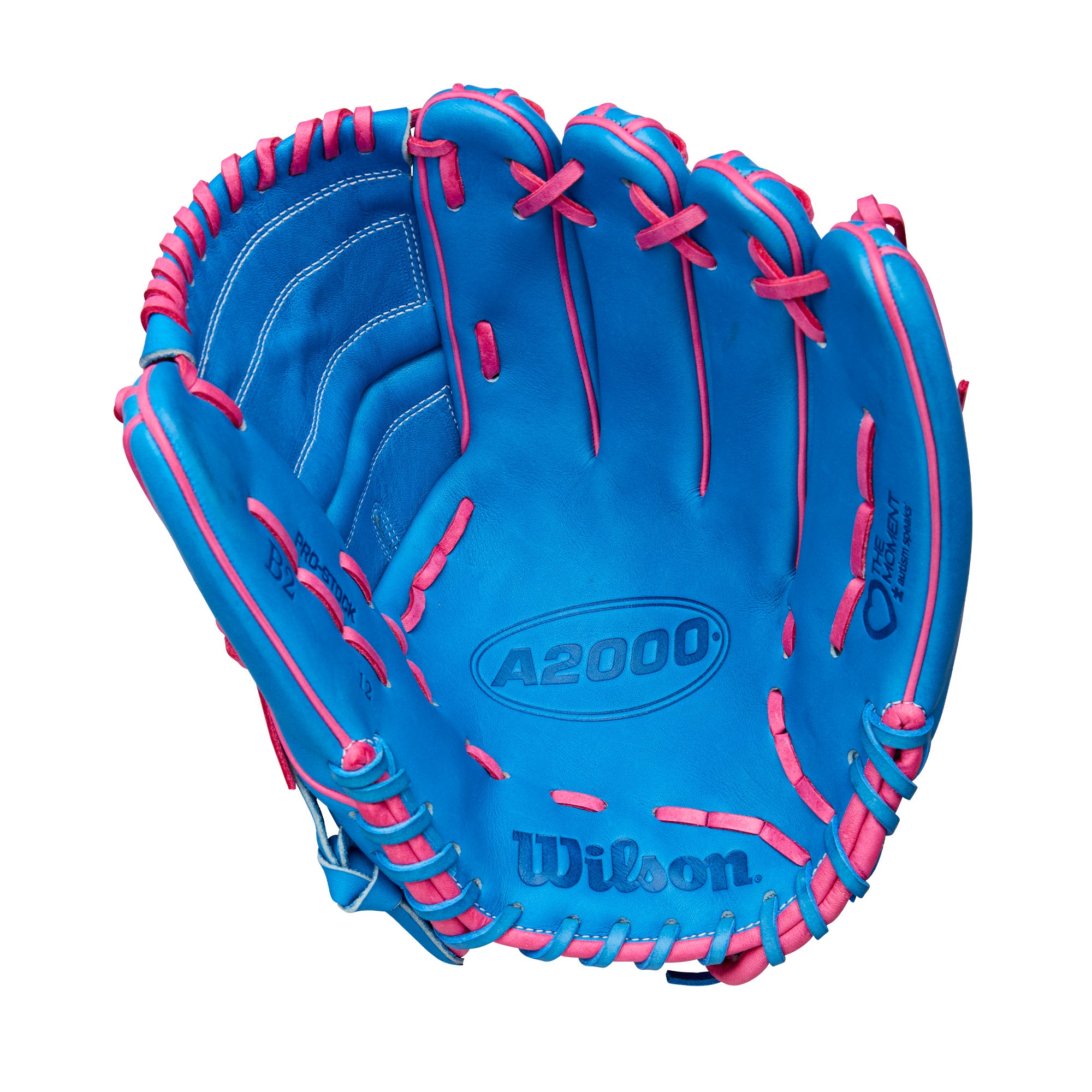 Wilson A2000 B2 pitcher's baseball glove featuring a vibrant blue and pink design, 12 inches in size.