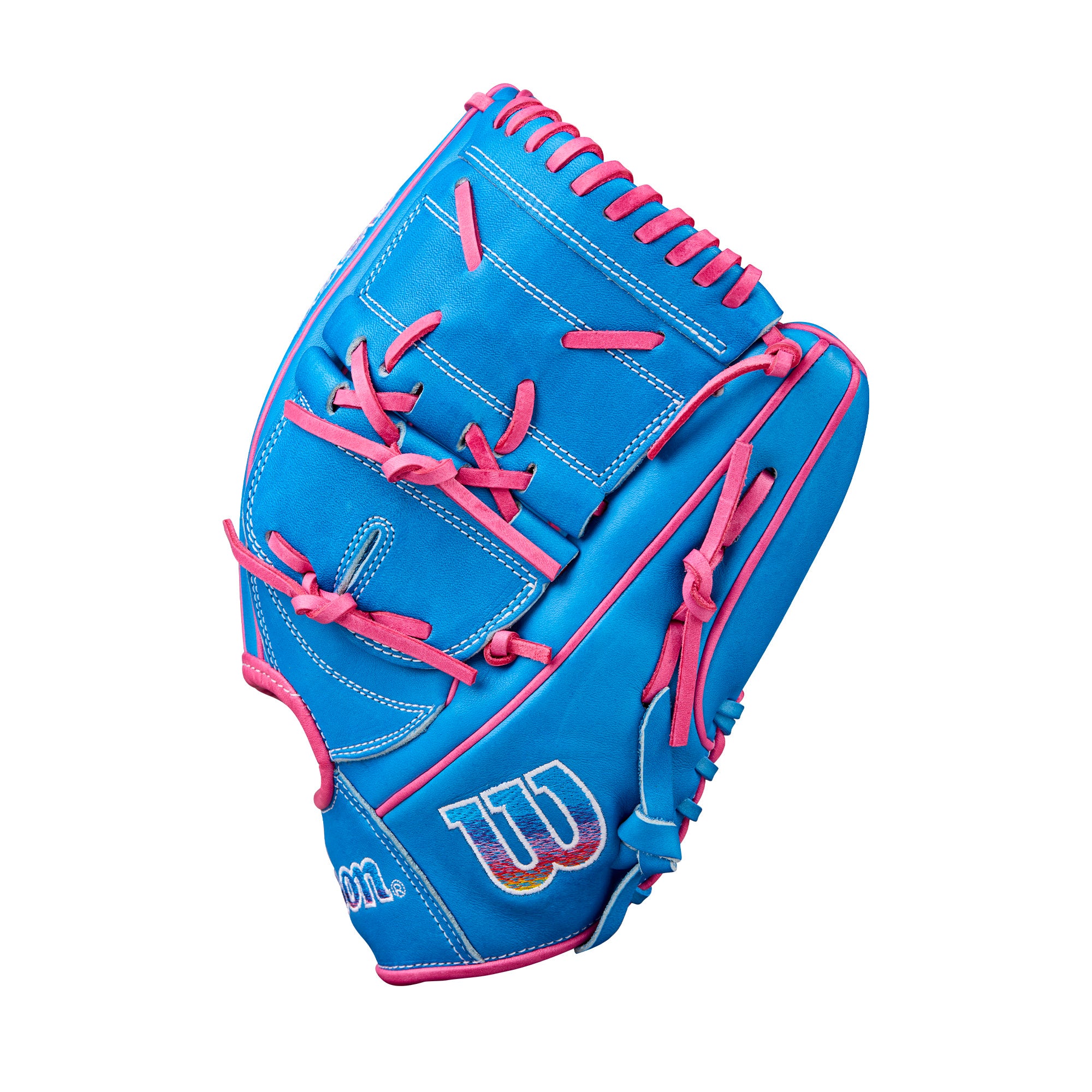 Wilson 2025 Love the Moment A2000 B2 Pitcher's Baseball Glove, 12" size, in vibrant blue and pink colors.