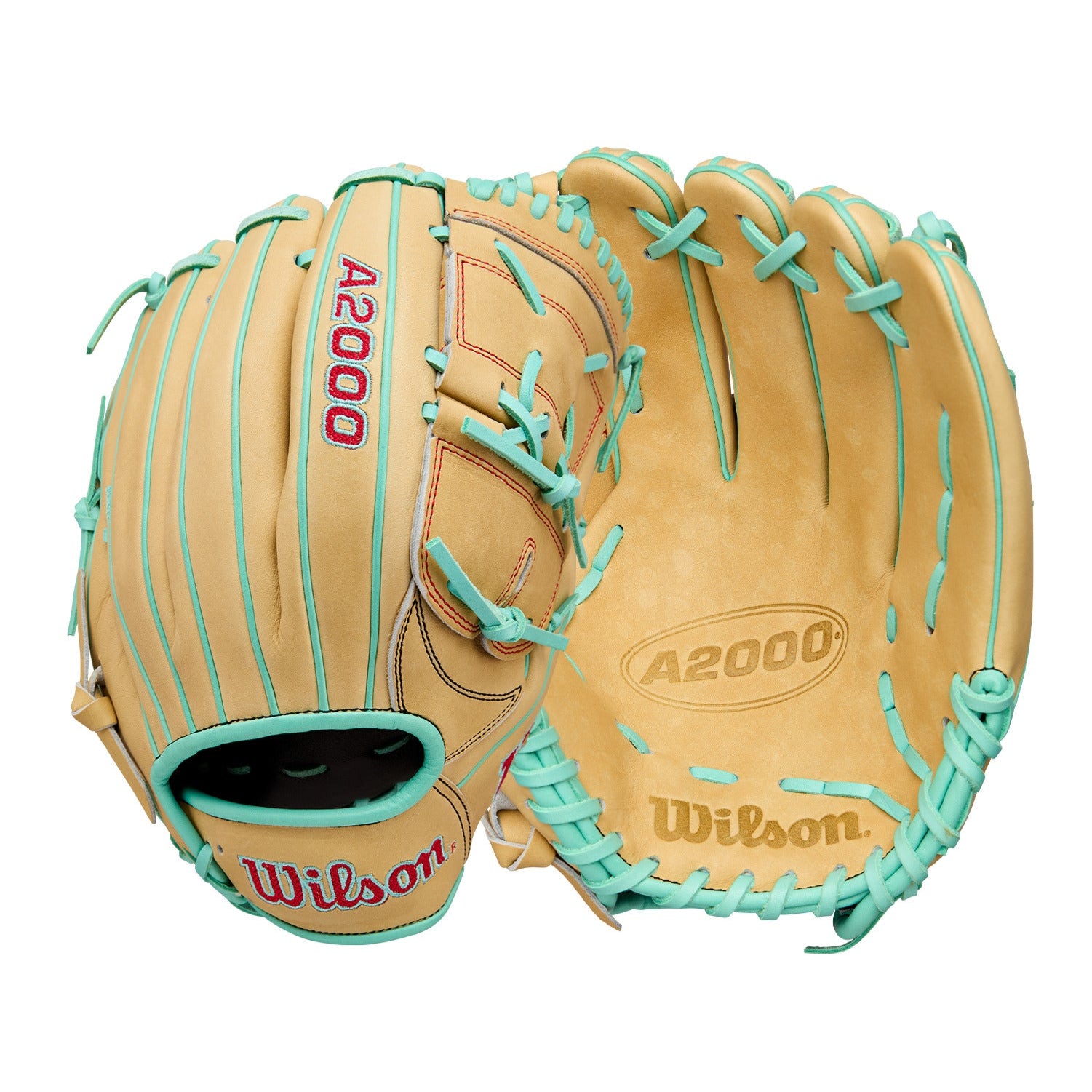 Wilson 2025 A2000 B12 12” Pitcher’s Glove front and back view with Blonde leather and Seafoam accents.
