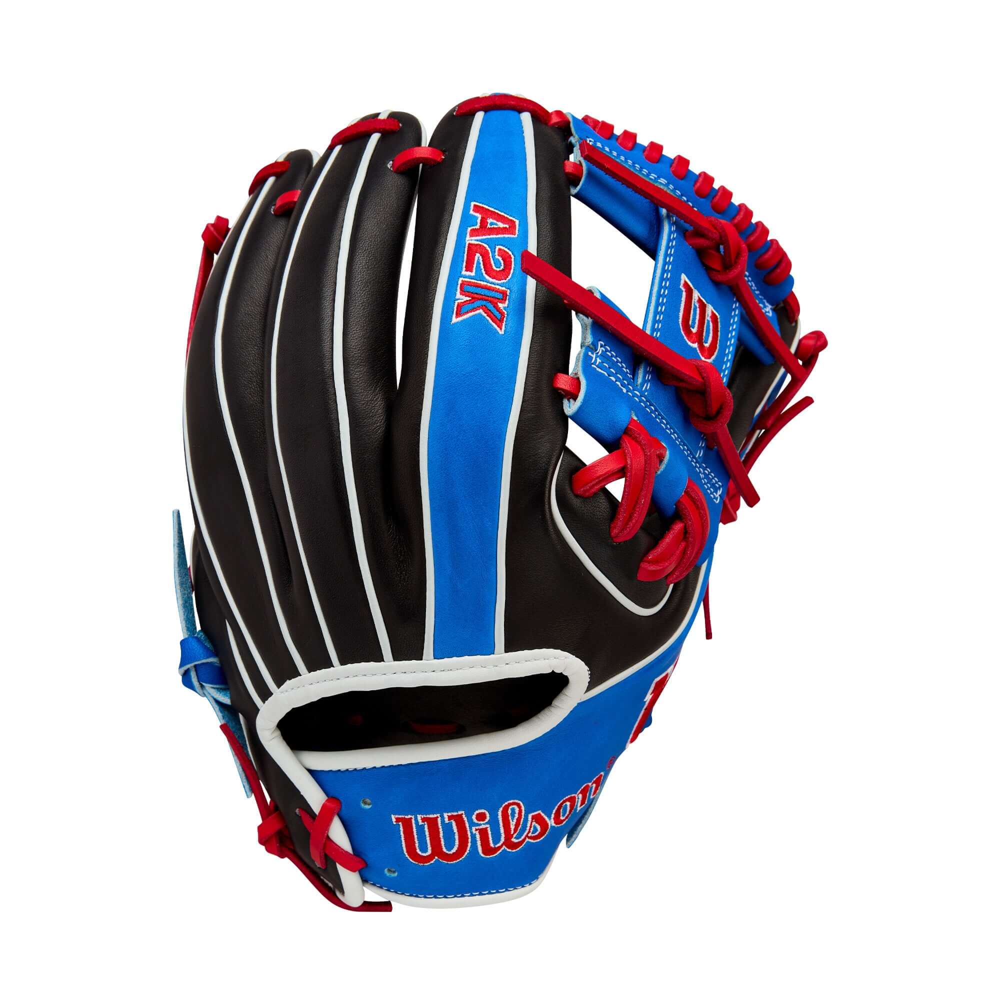 Wilson Fall 2025 A2K Mookie Betts GM 11.75" glove back view with Royal Blue accents and bold Wilson logos.