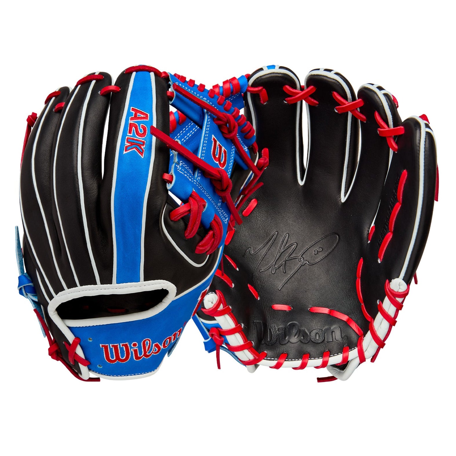 Wilson Fall 2025 A2K Mookie Betts GM 11.75" infield glove front and back view in Black & Royal Blue leather.