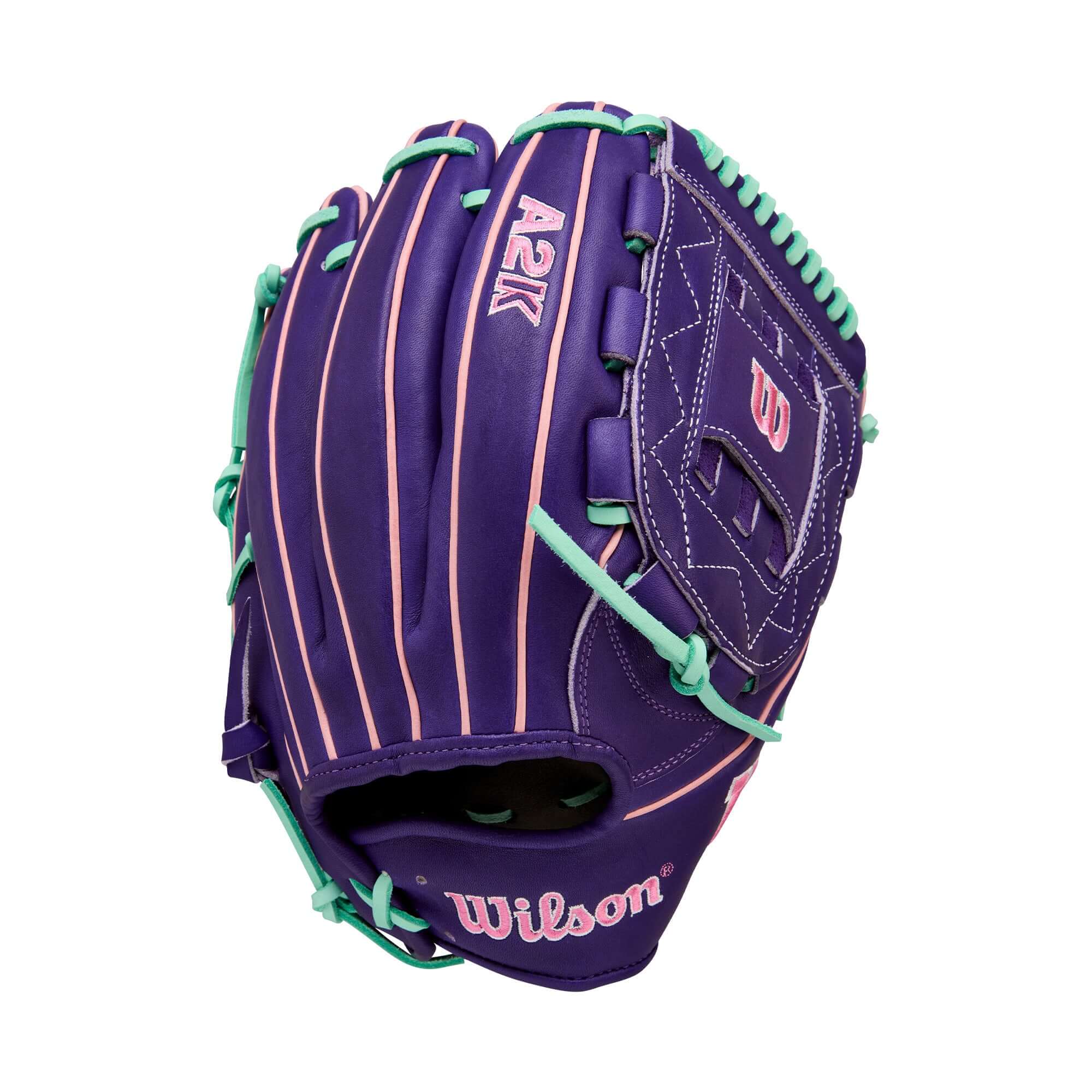 Wilson 2025 A2K C12 12” Pitcher’s Glove back view highlighting ASO Web and modified wrist strap.