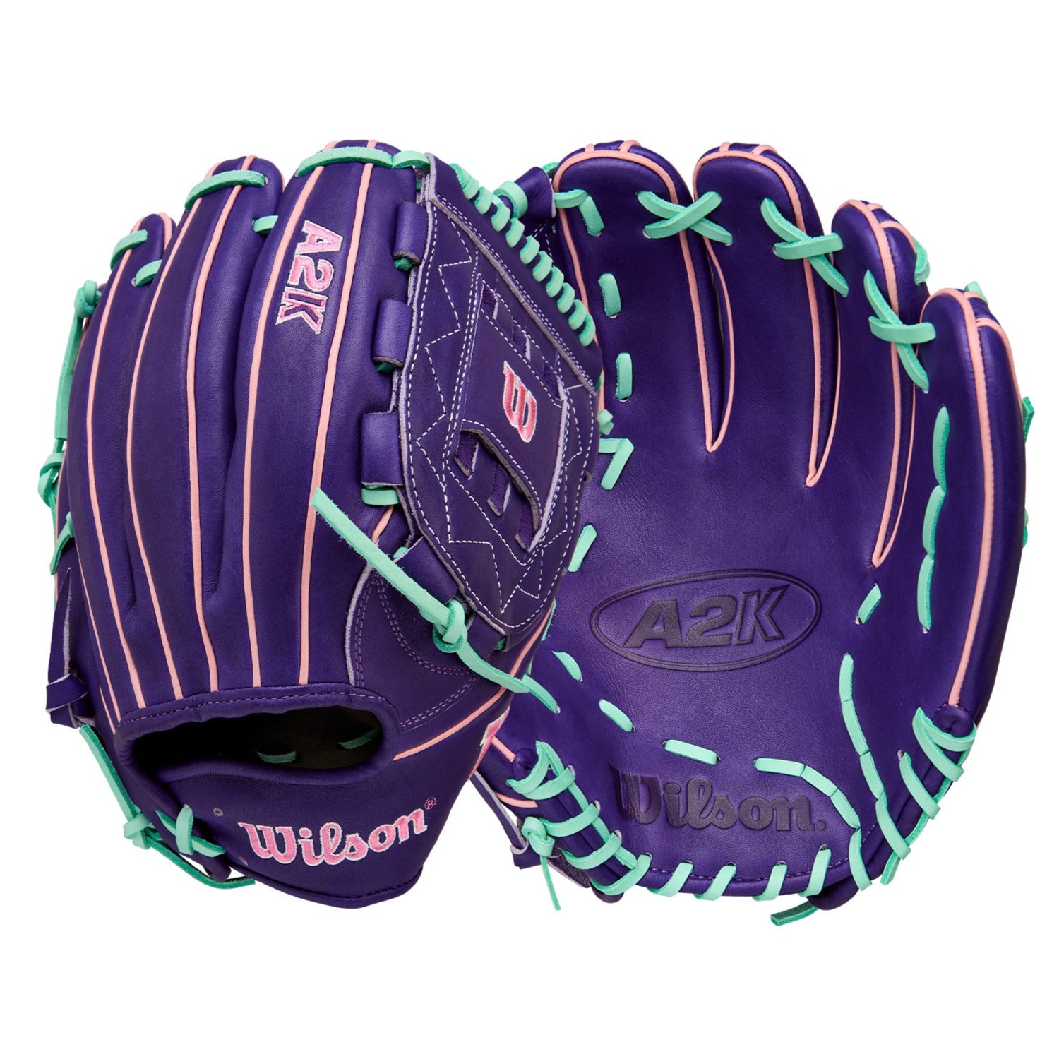 Wilson 2025 A2K C12 12” Pitcher’s Glove front and back view in Purple leather with Seafoam and Pink accents.
