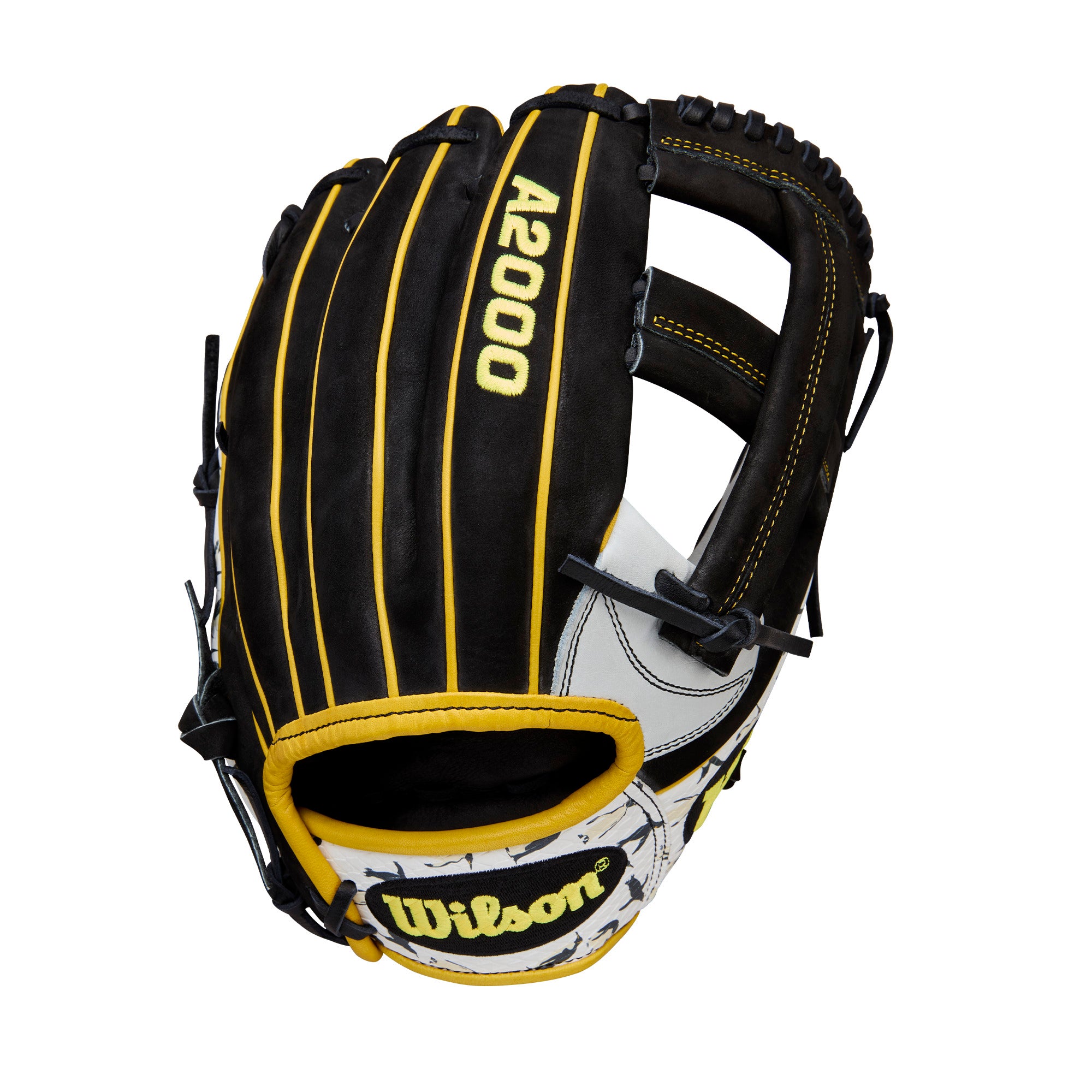 Back view of Wilson 2025 Penguin A2000 EL3 11.75” Infield Baseball Glove showing black shell and penguin print accents.