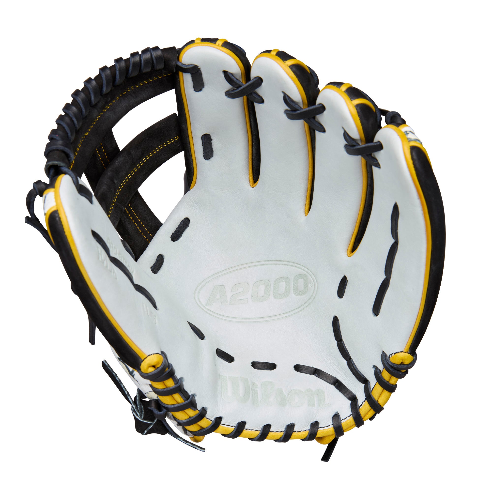 Palm view of Wilson 2025 Penguin A2000 EL3 11.75” Infield Baseball Glove with white leather and dual post web.