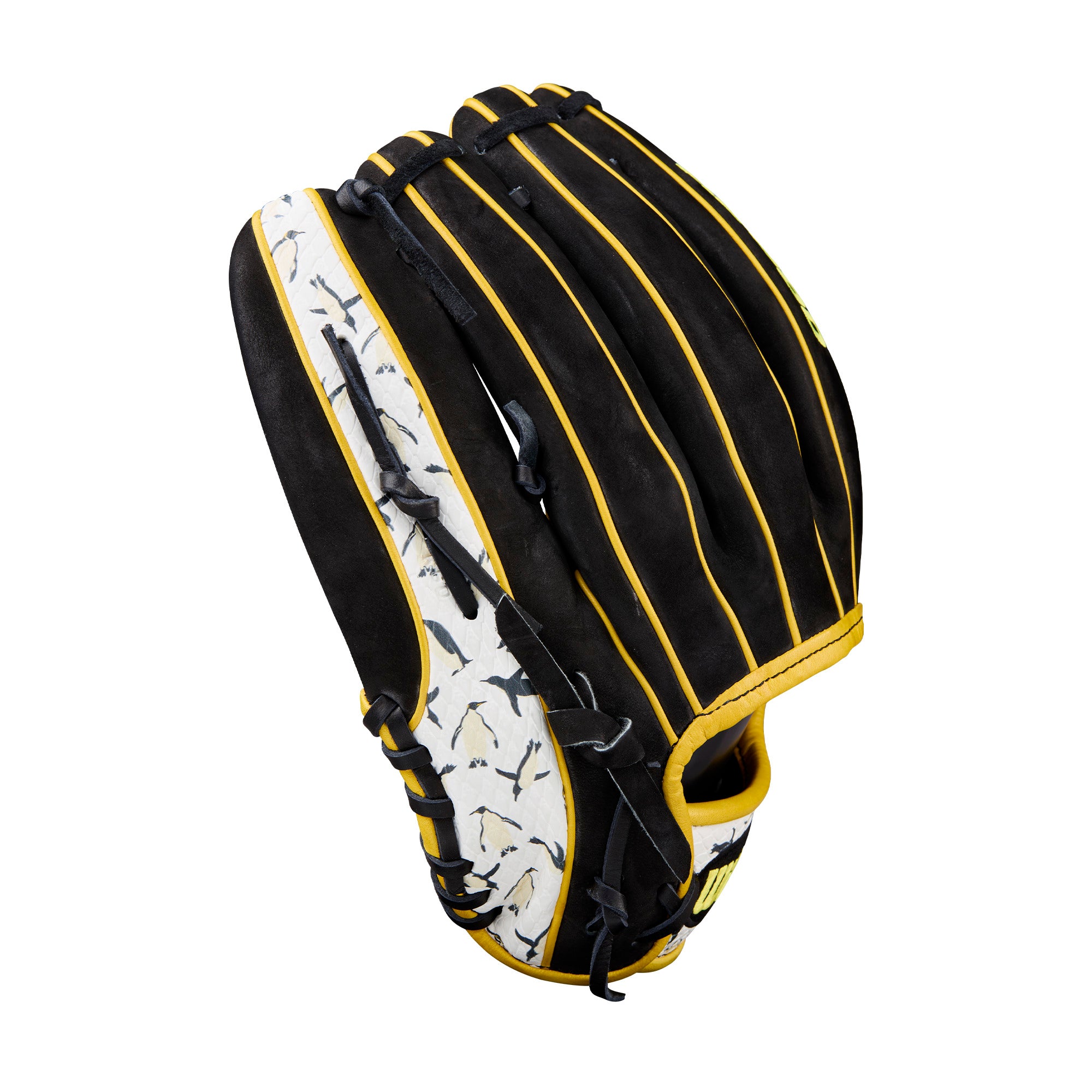 Finger stalls of Wilson 2025 Penguin A2000 EL3 11.75” Infield Baseball Glove with contrasting yellow piping.