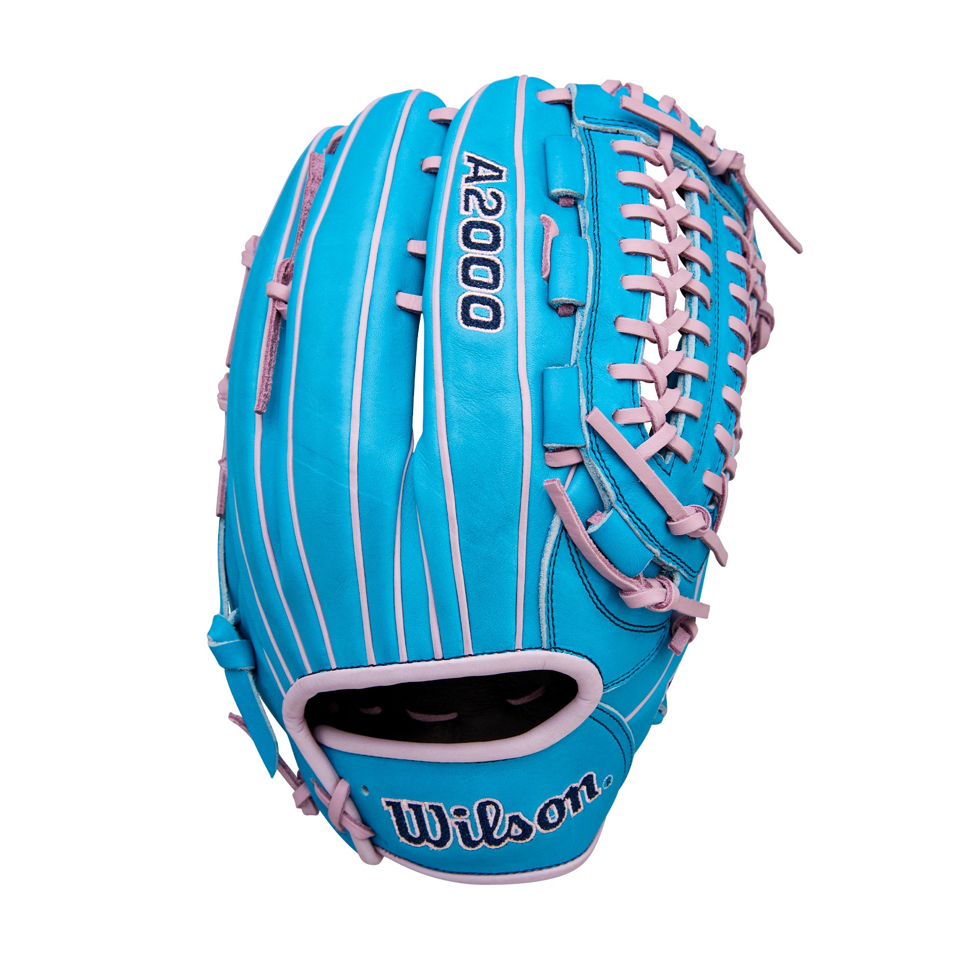 Back view Wilson Winter 2025 A2000 D25 12.25" Pitcher’s Baseball Glove showing Seafoam accents and bold Woven Logos.