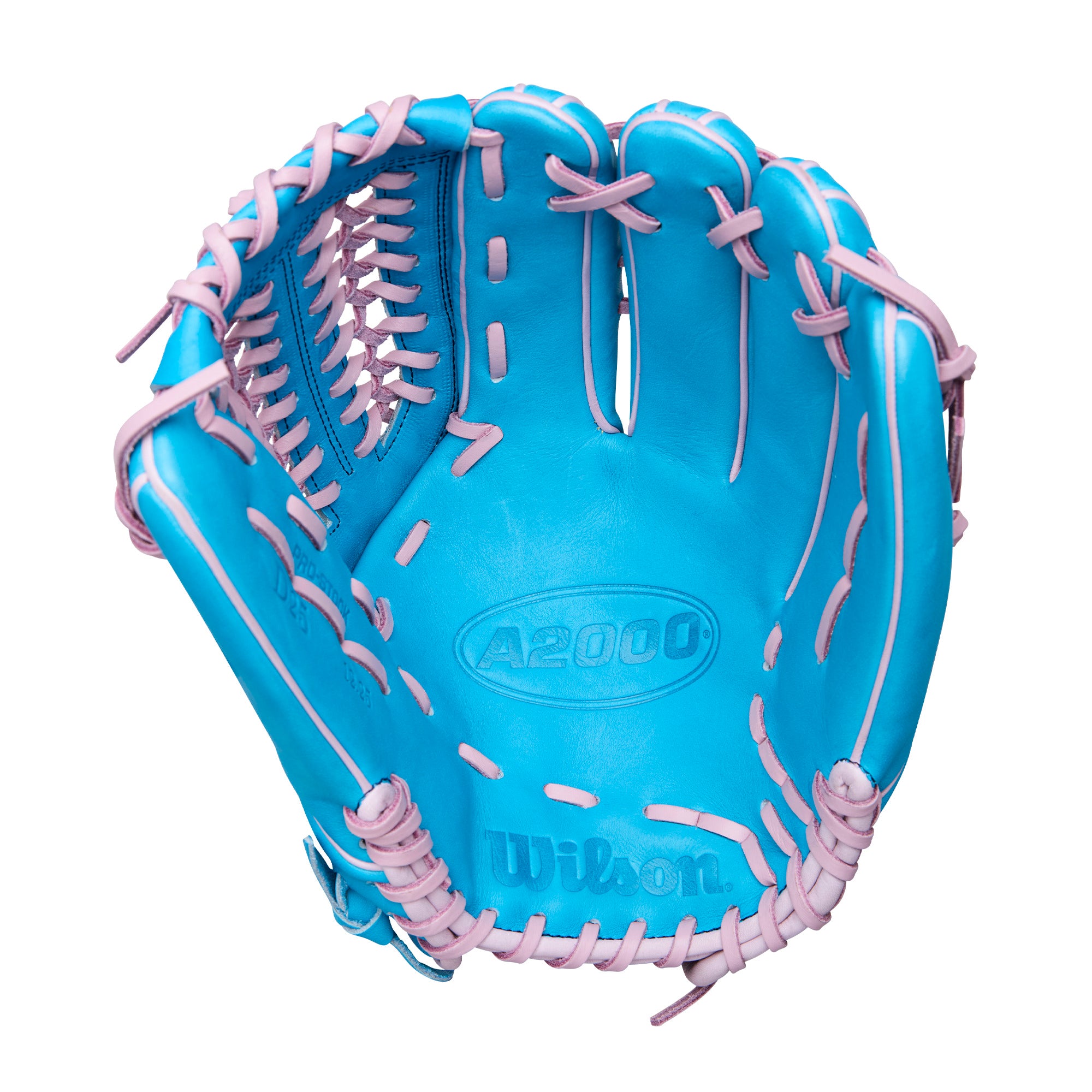 Palm detail Wilson Winter 2025 A2000 D25 12.25" Pitcher’s Baseball Glove with Tropical Blue Pro Stock® leather.