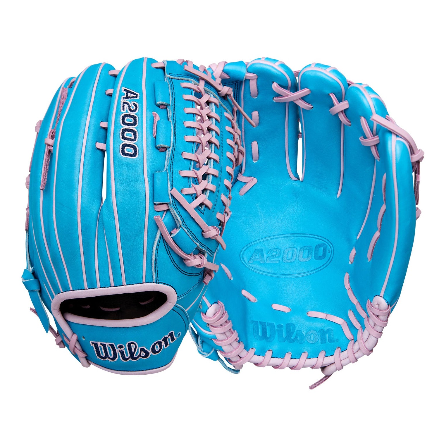 Wilson Winter 2025 A2000 D25 12.25" Pitcher’s Baseball Glove front and back view featuring Tropical Blue leather and Closed Pro Laced Web.