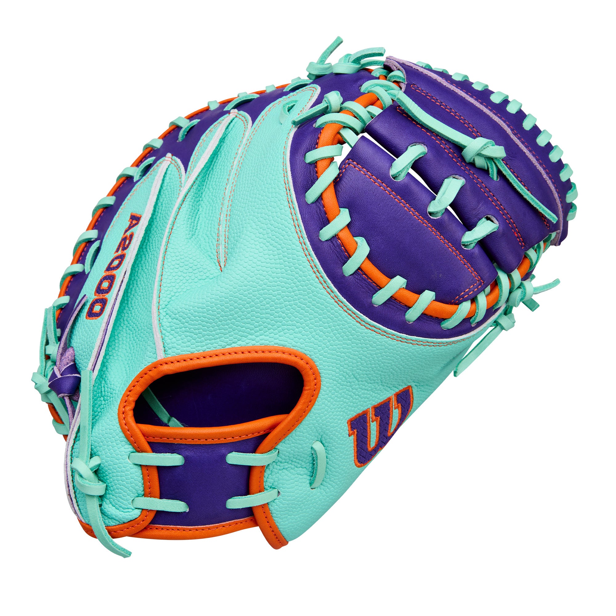 Back view of Wilson Winter 2025 A2000 CM33SS 33” Baseball Catcher’s Mitt showing Seafoam SuperSkin™ texture and Woven Bold Logos.