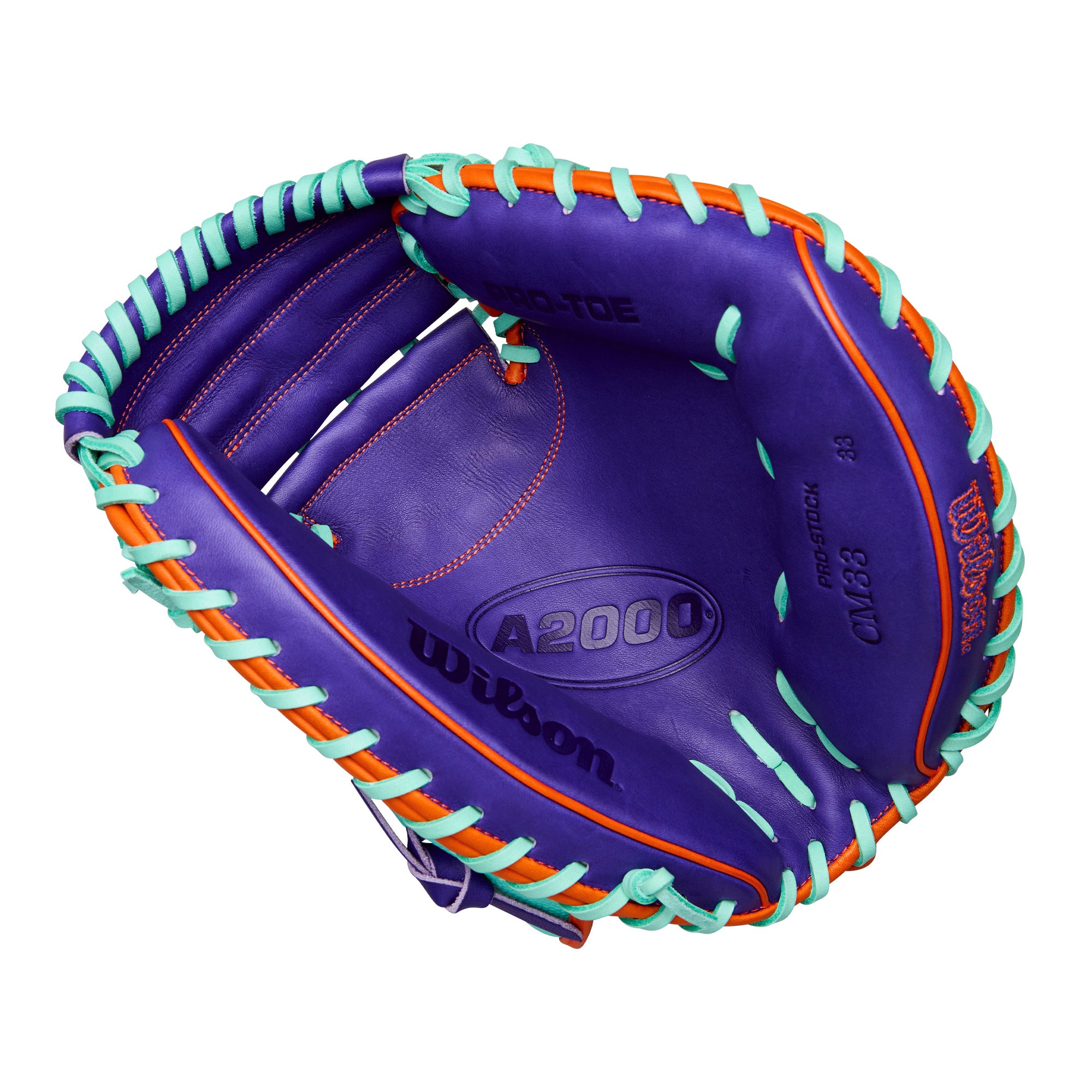 Palm view of Wilson Winter 2025 A2000 CM33SS 33” Baseball Catcher’s Mitt featuring durable Purple Pro Stock® leather pocket.