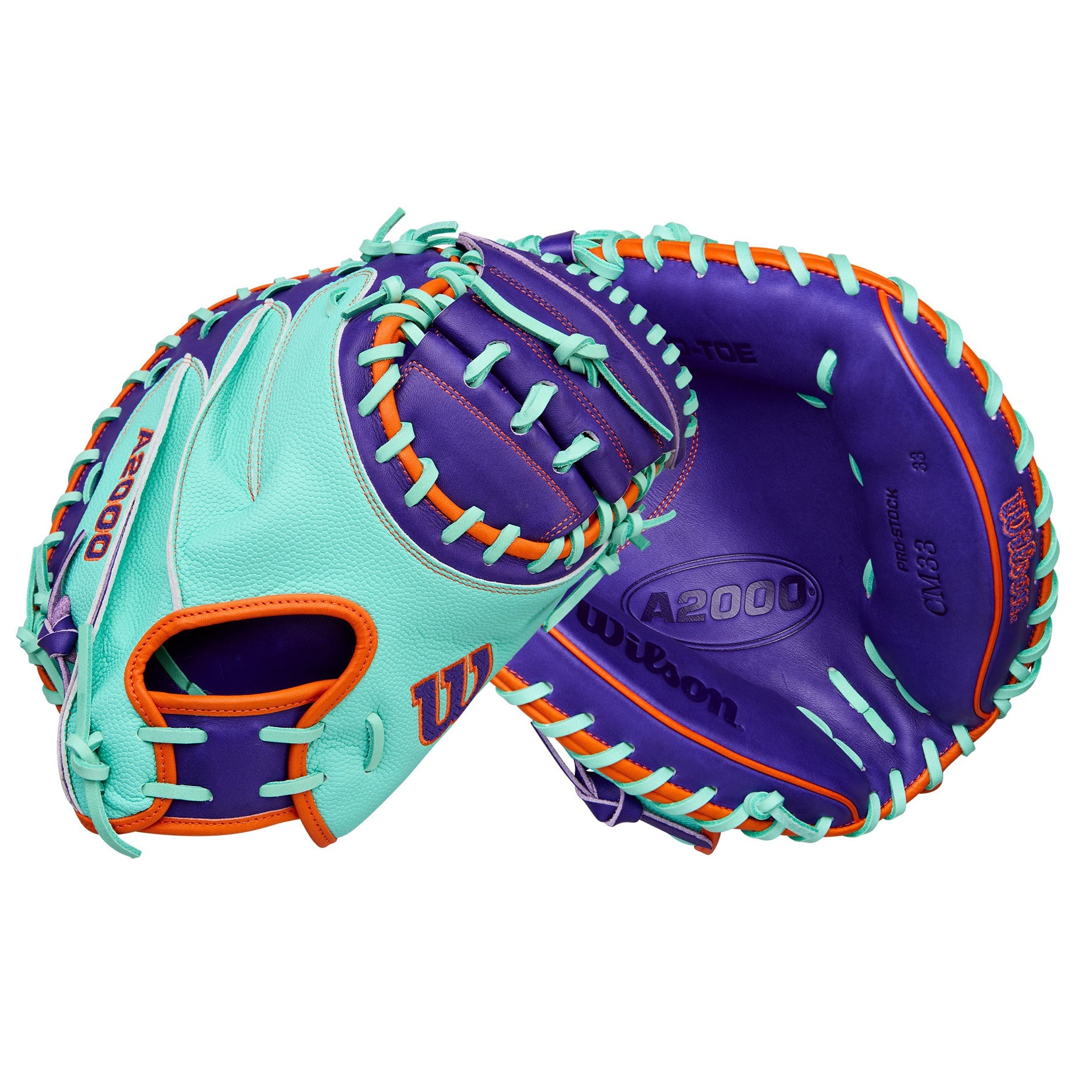Wilson Winter 2025 A2000 CM33SS 33” Baseball Catcher’s Mitt front and back view in Purple leather and Seafoam SuperSkin™ design.