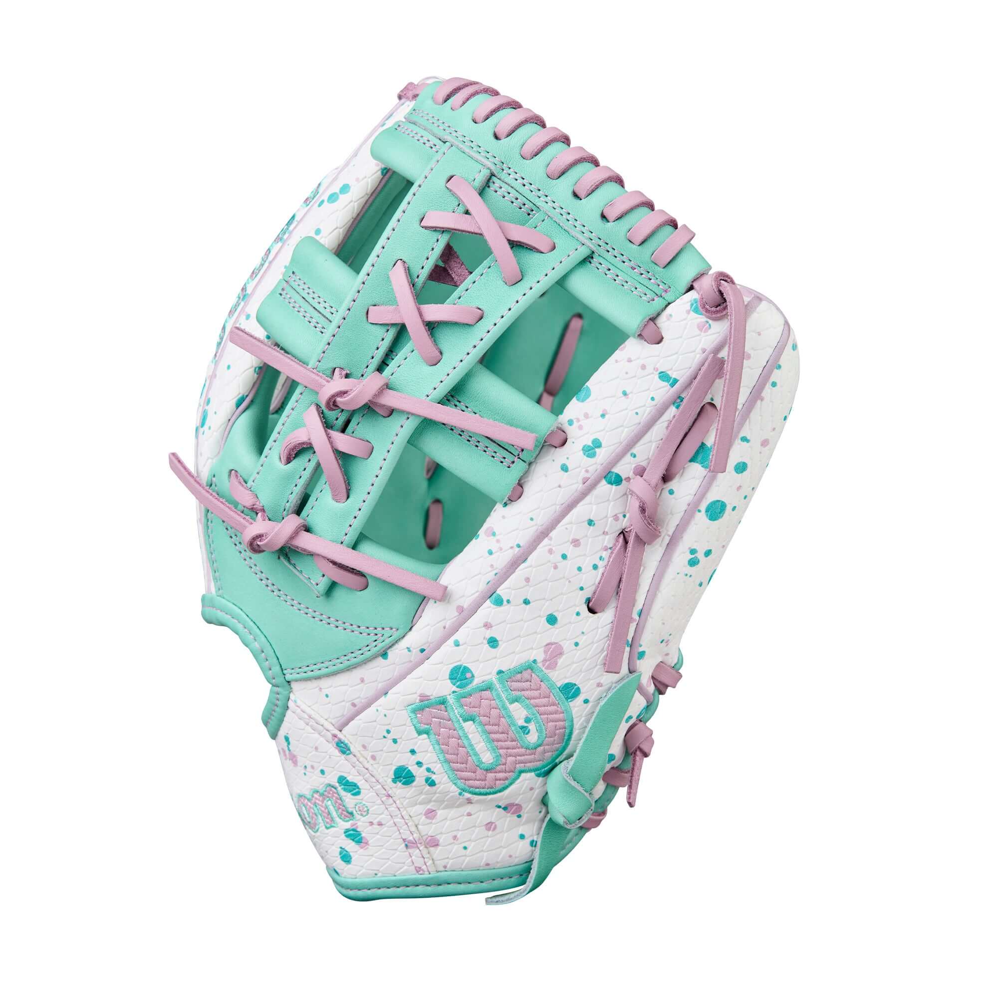 Thumb close-up of Wilson Winter 2025 A2000 FP75SS 11.75” Infield Fastpitch Softball Glove showing leather grain and drawstring closure.