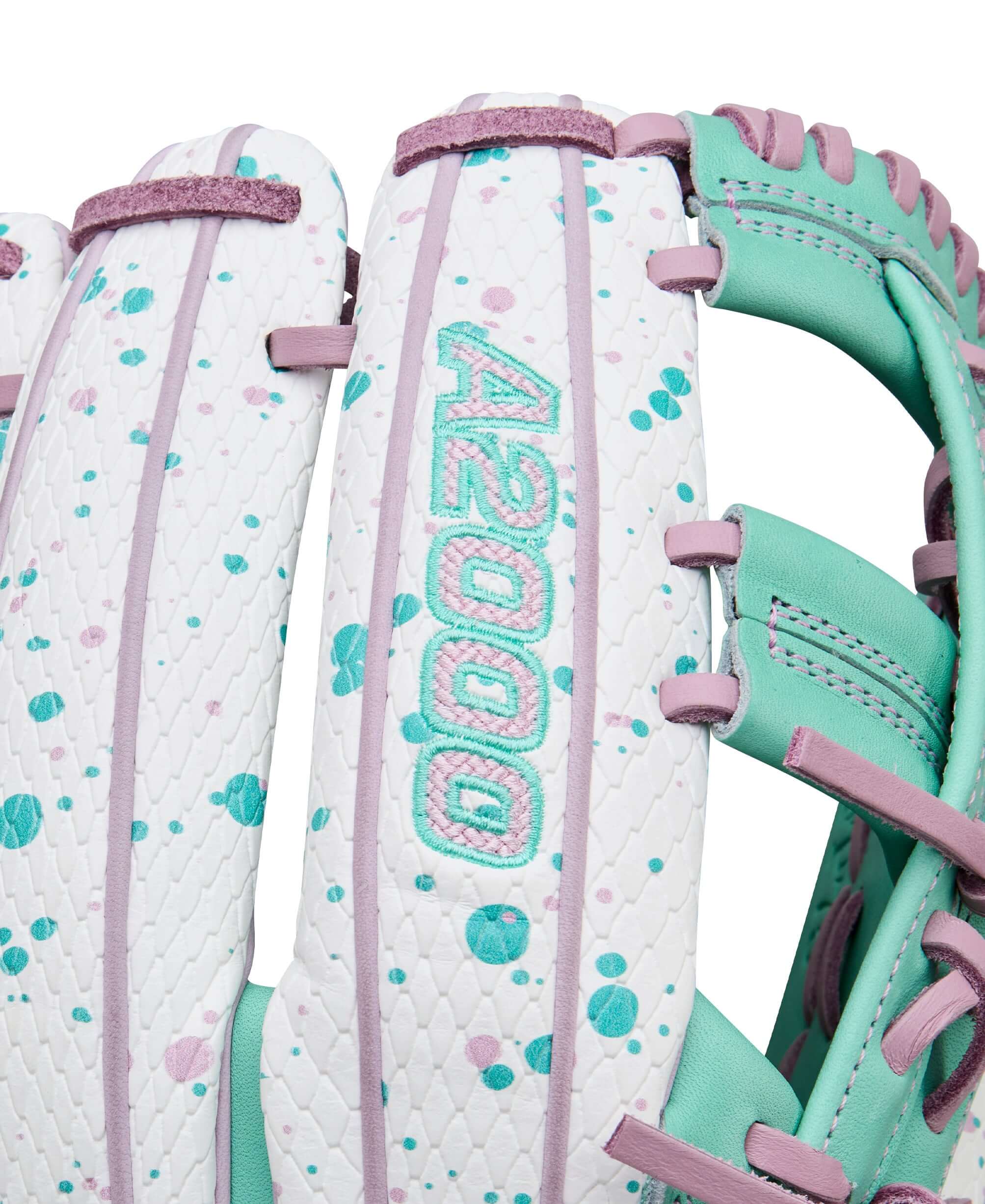 A2000 logo close-up on Wilson Winter 2025 A2000 FP75SS 11.75” Infield Fastpitch Softball Glove finger area.