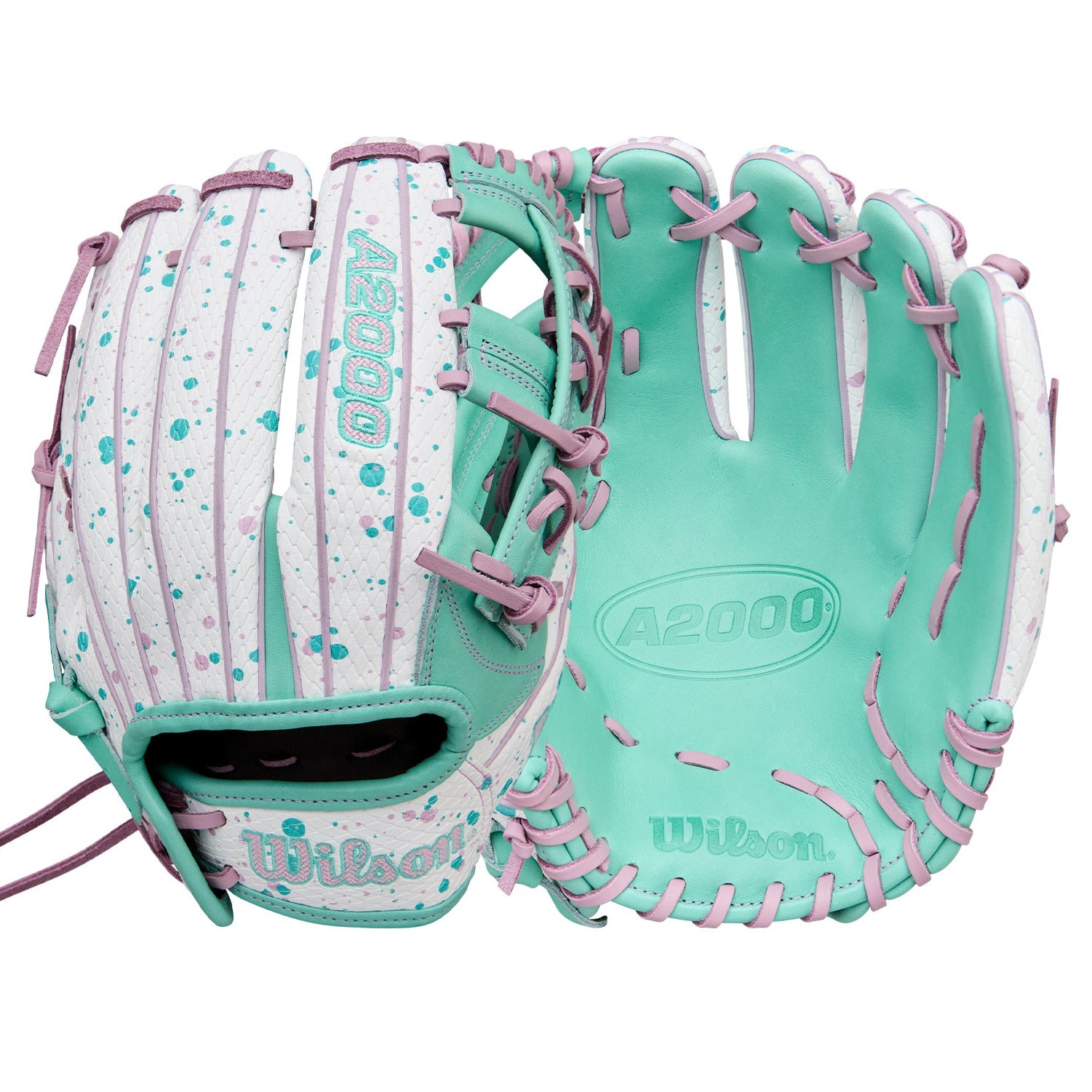 Wilson Winter 2025 A2000 FP75SS 11.75” Infield Fastpitch Softball Glove front and back showing Seafoam Splatter design and H-Web.