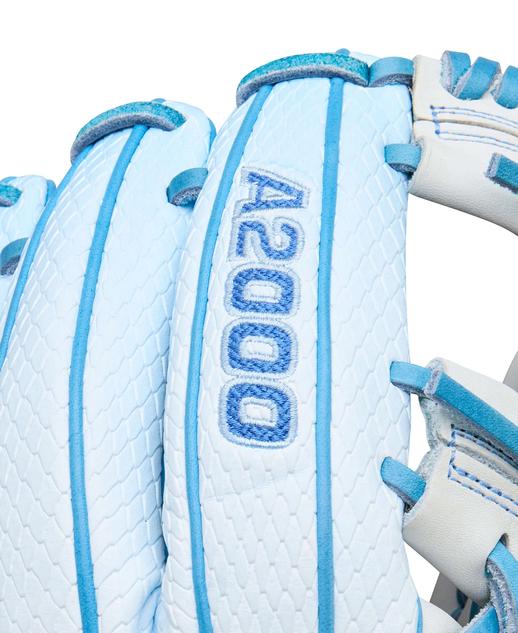 A2000 logo close-up on Wilson Winter 2025 A2000 H12SS 12" Infield Fastpitch Softball Glove finger panel.