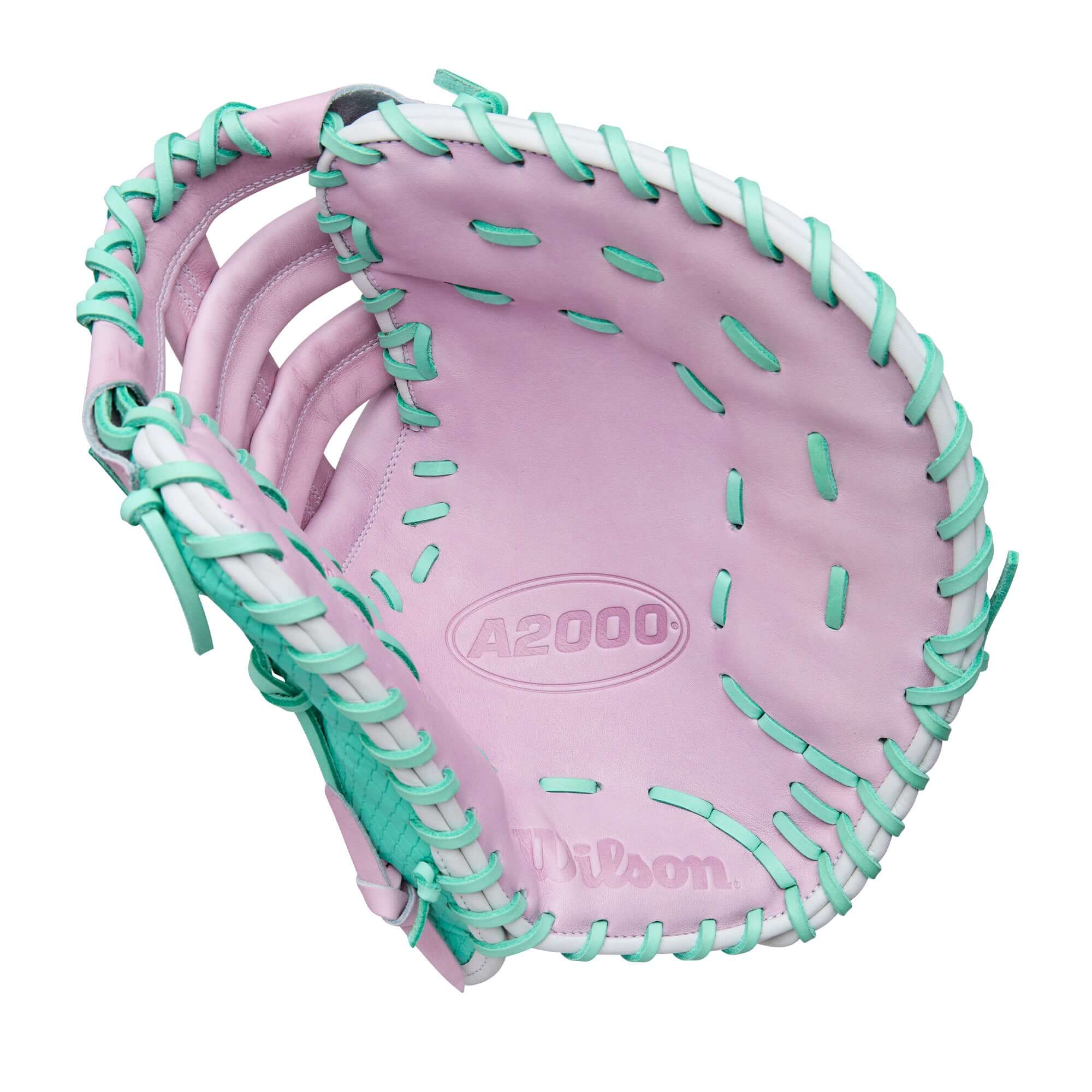 Palm view of Wilson Winter 2025 A2000 1620FPSS 12.5” Fastpitch Softball First Base Mitt featuring Lavender Pro Stock® leather.