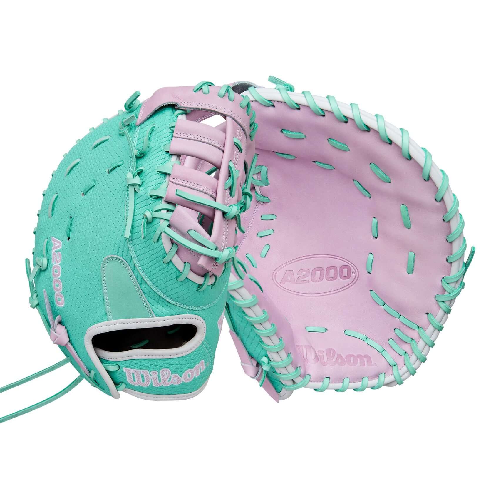 Wilson Winter 2025 A2000 1620FPSS 12.5” Fastpitch Softball First Base Mitt front and back showing Lavender leather and Seafoam SuperSnakeSkin™.