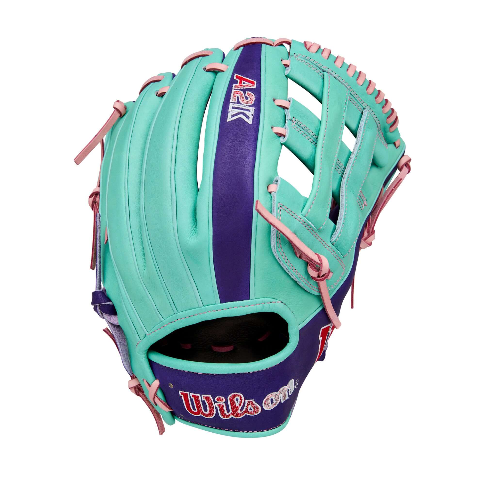 Back view of Wilson Winter 2025 A2K DW5 12” Infield Baseball Glove showing Dual Post Web and bold gradient Wilson logo.