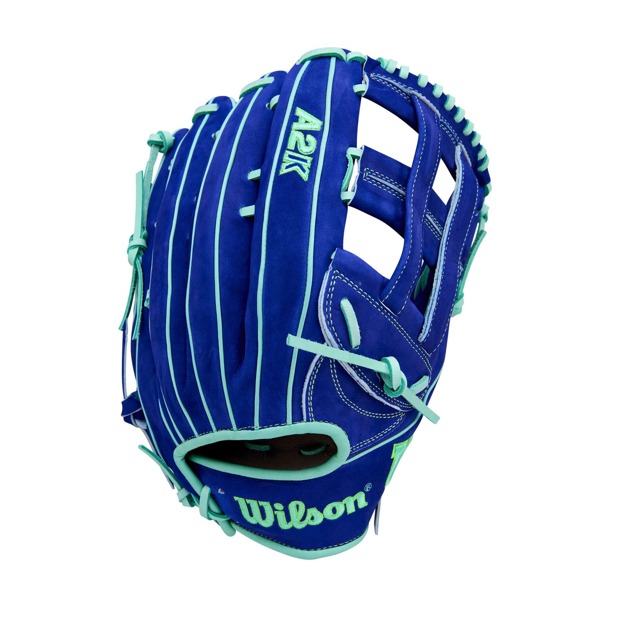 Back view Wilson Winter 2025 Juan Soto A2K JS22 GM 12.75" Outfield Baseball Glove Dual Post Web Seafoam accent