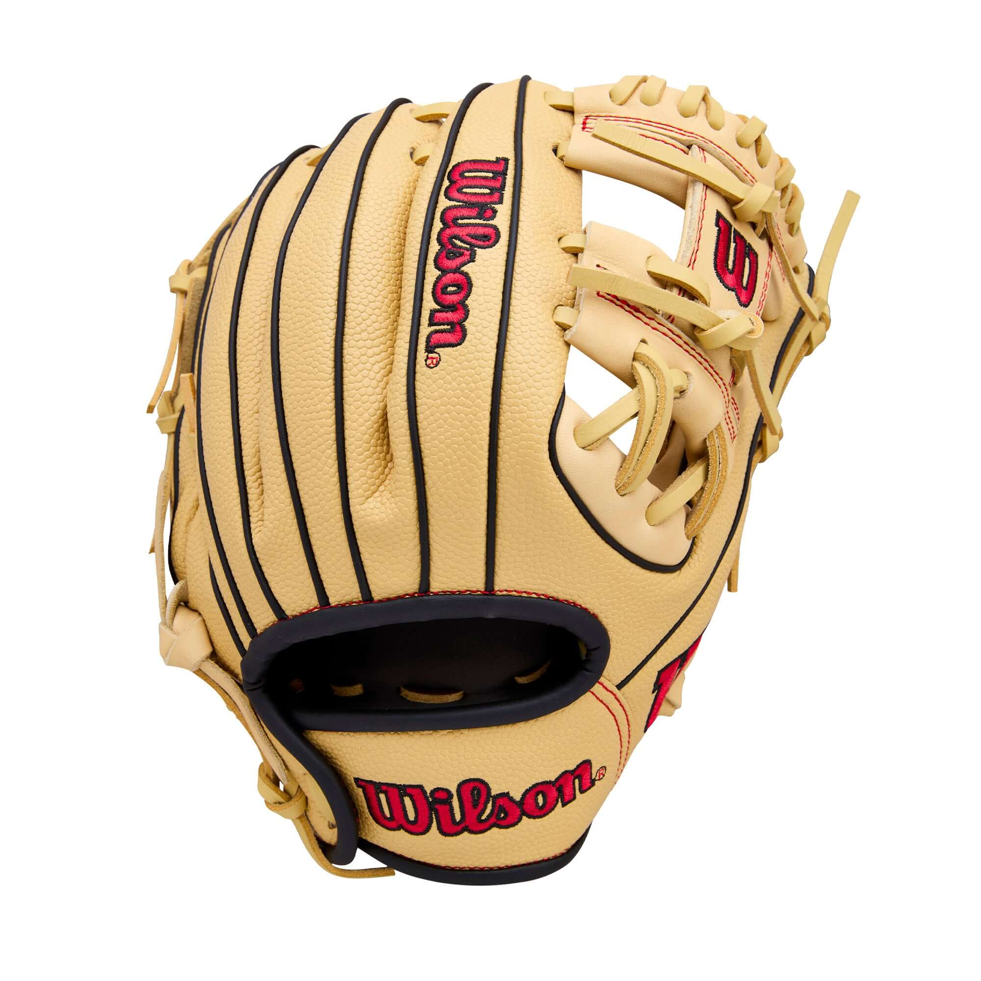 2026 Wilson A1000 PF11 Blonde/Red 11" infield glove for young players, featuring blonde leather, red detailing, and H-Web design