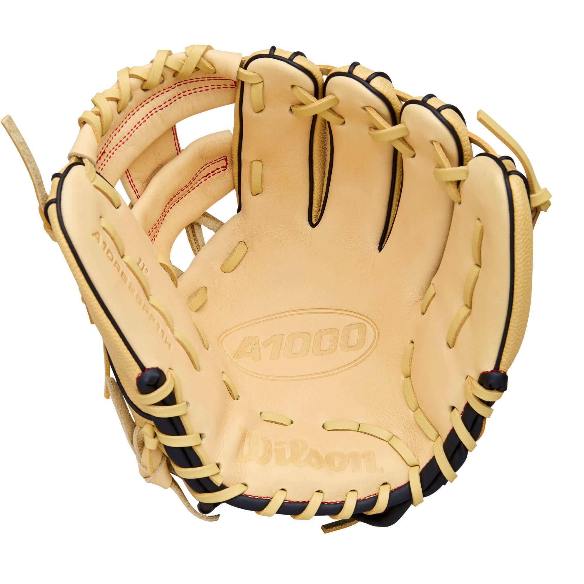 2026 Wilson A1000 PF11 Blonde/Red 11" glove with H-Web design and shallow pocket for young infielders, game-ready performance.