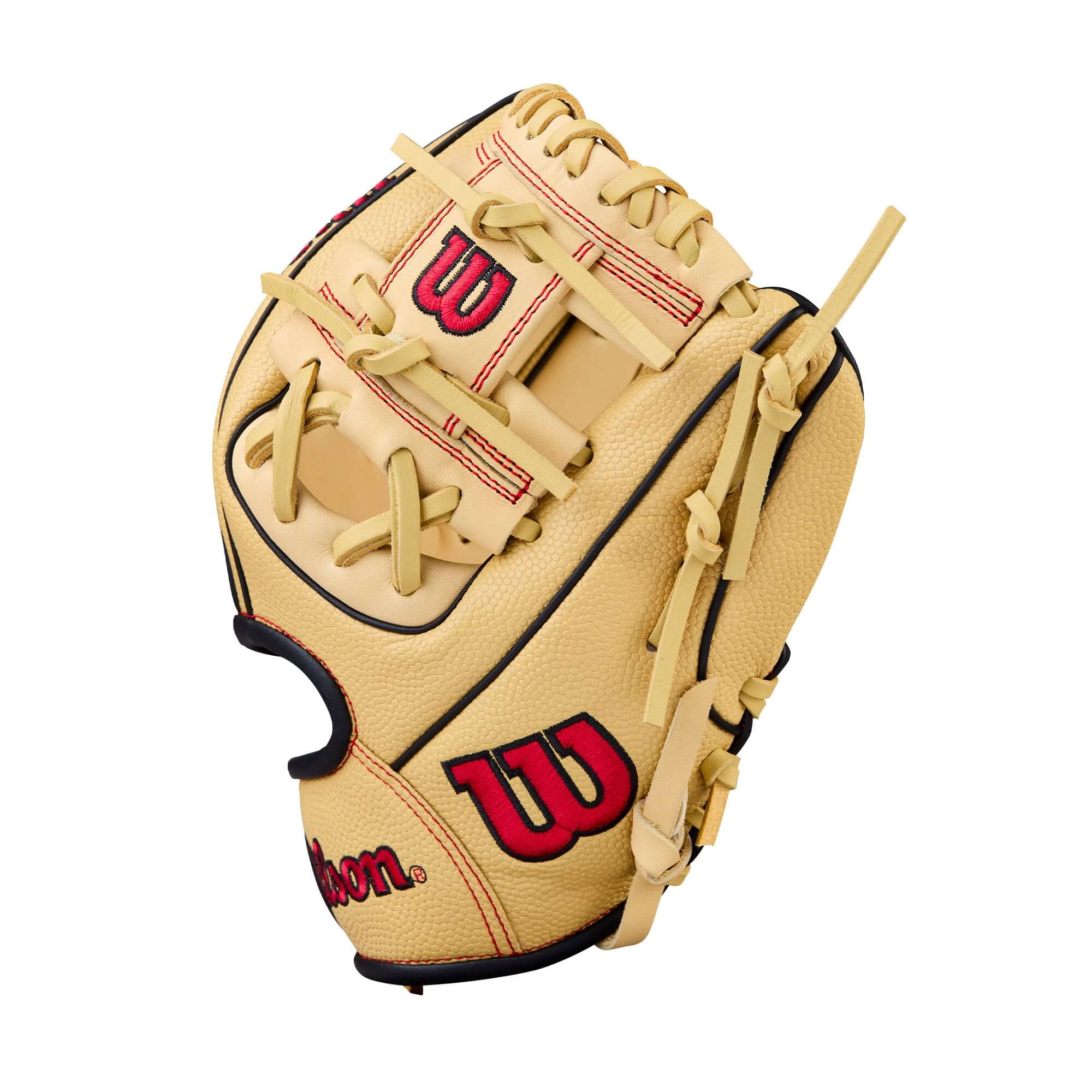2026 Wilson A1000 PF11 Blonde/Red 11" baseball glove ideal for young infielders with H-Web design and shallow pocket.