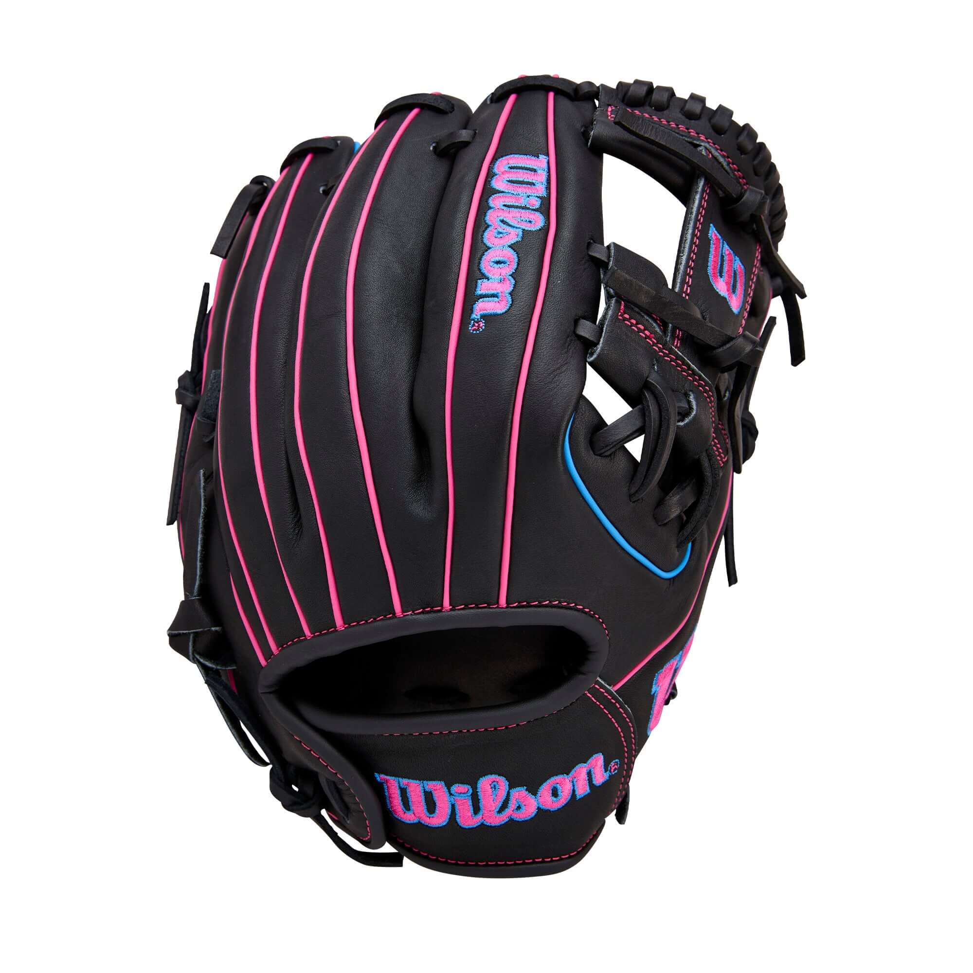 Backhand view of 2026 Wilson A1000 DP15 11.5” Infield Baseball Glove, black with pink stitching and H-Web design.