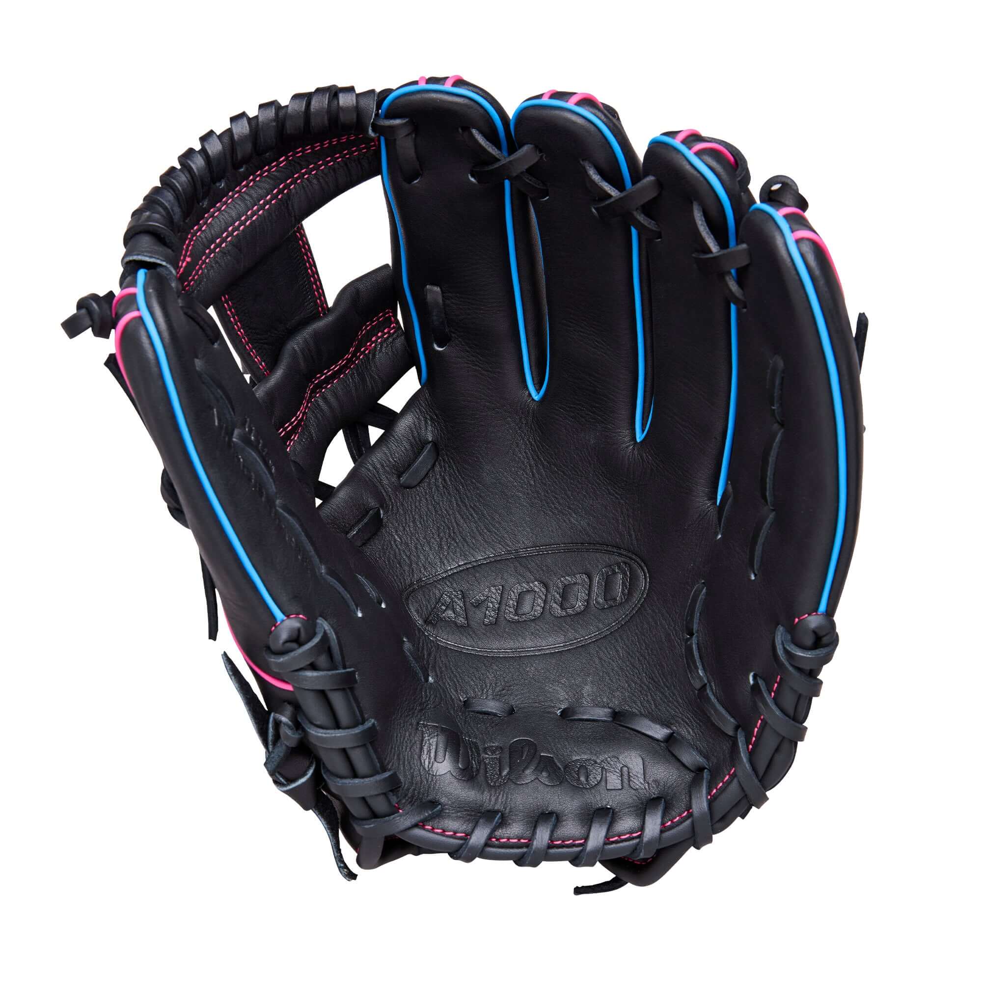 Palm view of 2026 Wilson A1000 DP15 11.5” Infield Baseball Glove with black leather, pink and blue lacing, and H-Web design.