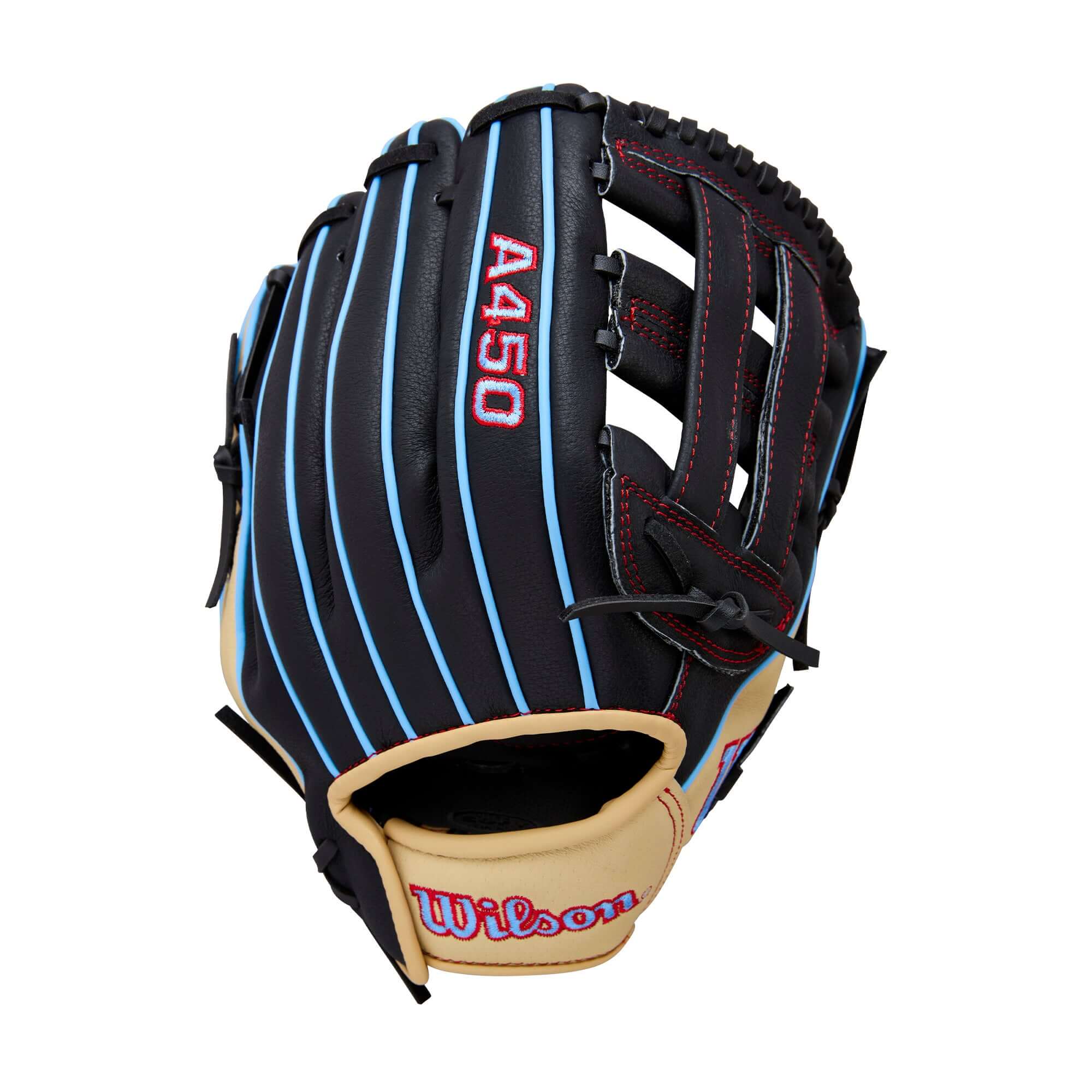Back view of Wilson 2026 A450 11" Youth Baseball Glove LHT showing black leather and Wilson detailing.