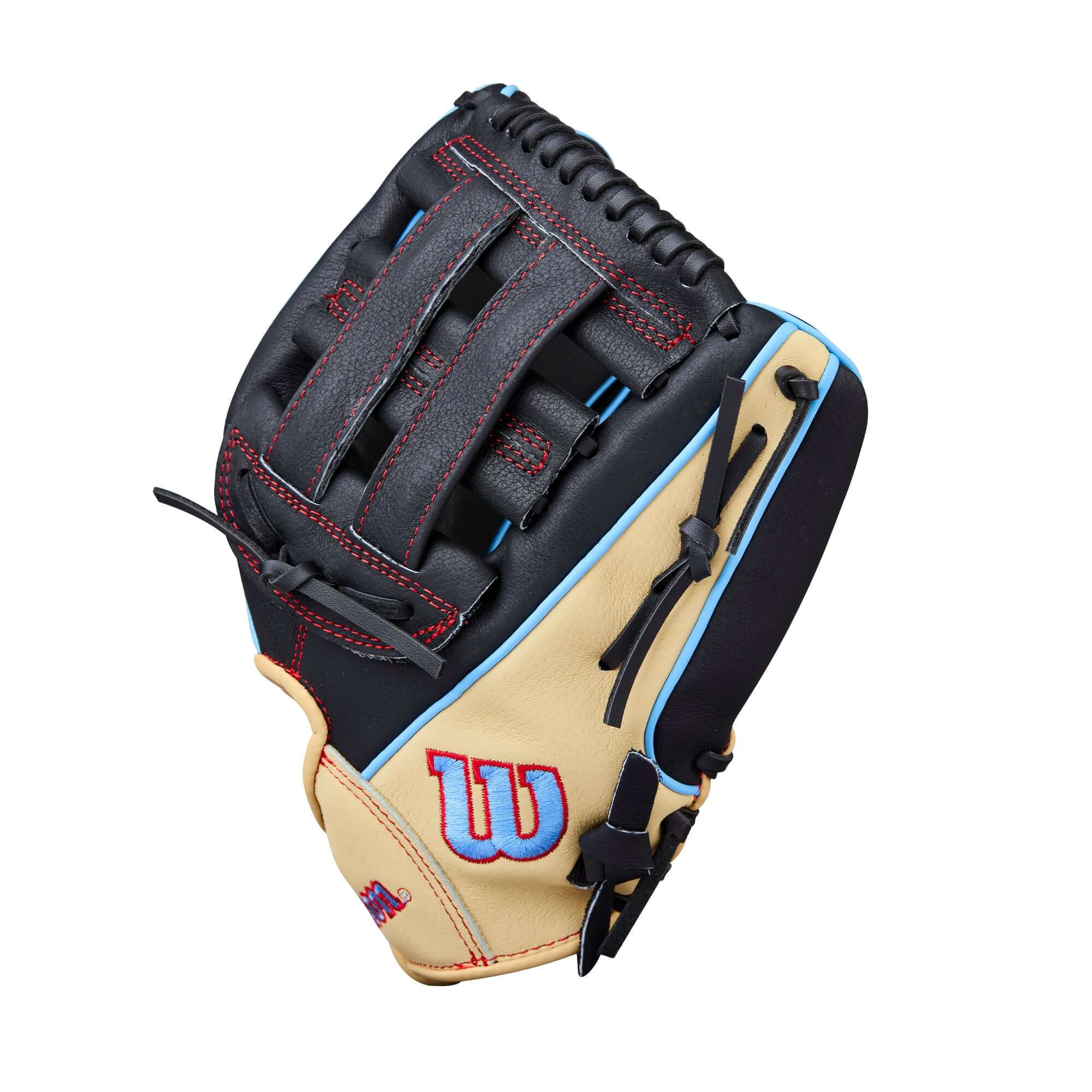 Thumb section of Wilson 2026 A450 11" Youth Baseball Glove LHT featuring padded wrist and leather support.