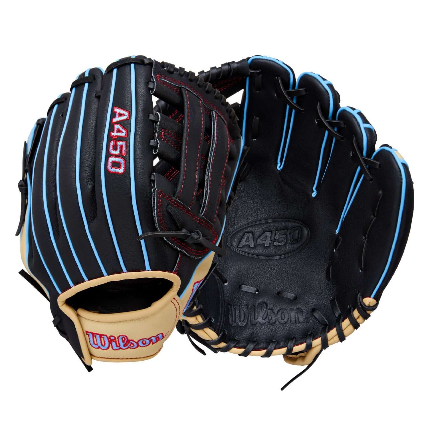 Wilson 2026 A450 11" Youth Baseball Glove LHT front and back view with H-Web and top grain leather.