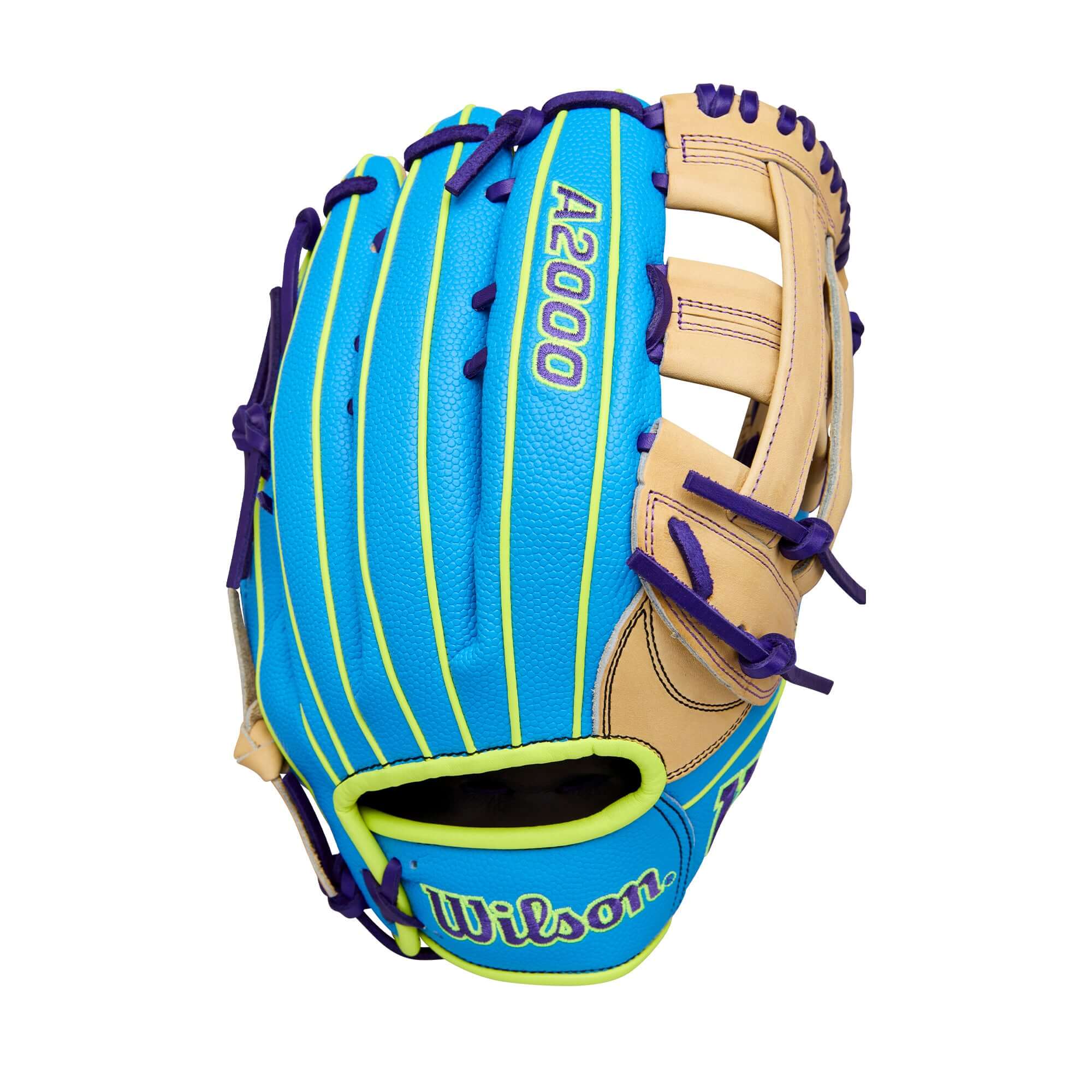 Back view of Wilson Winter 2025 A2000 1750SS 12.5" Outfield Baseball Glove with woven bold logos and Sky Blue SuperSkin™ design.