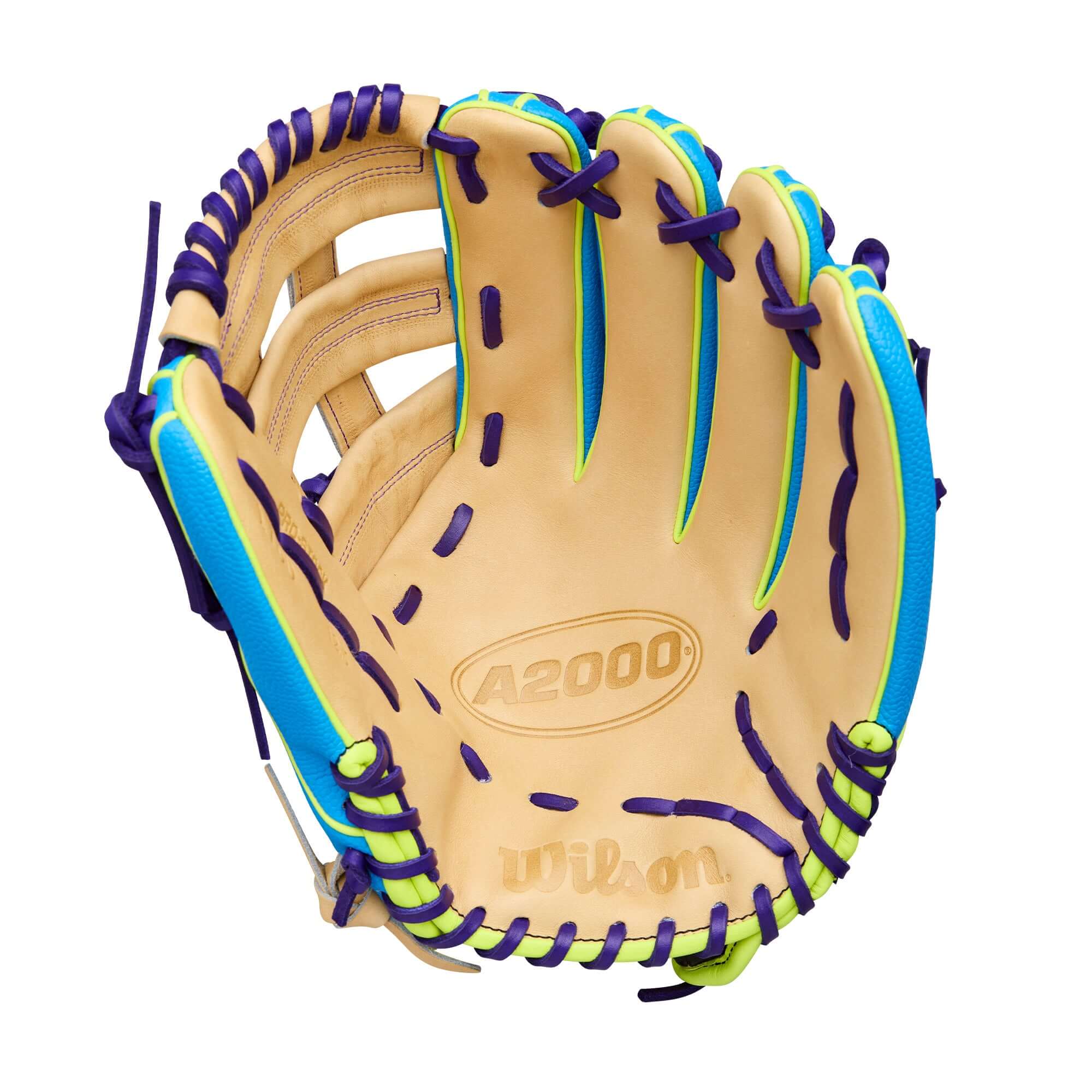 Palm view of Wilson Winter 2025 A2000 1750SS 12.5" Outfield Baseball Glove highlighting Blonde Pro Stock® Leather and Dual Post Web.