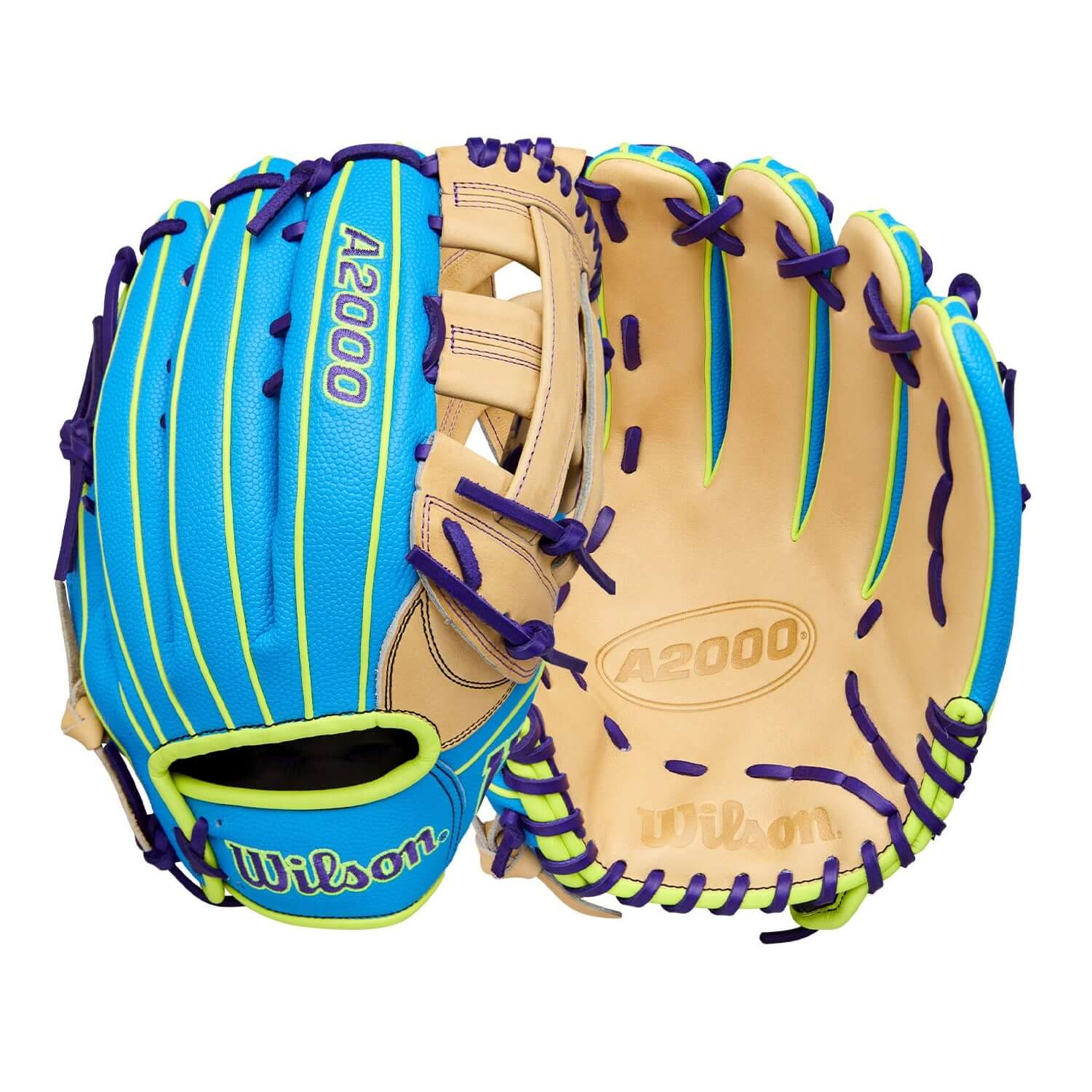 Wilson Winter 2025 A2000 1750SS 12.5" Outfield Baseball Glove front and back showing Blonde leather and Sky Blue SuperSkin™.